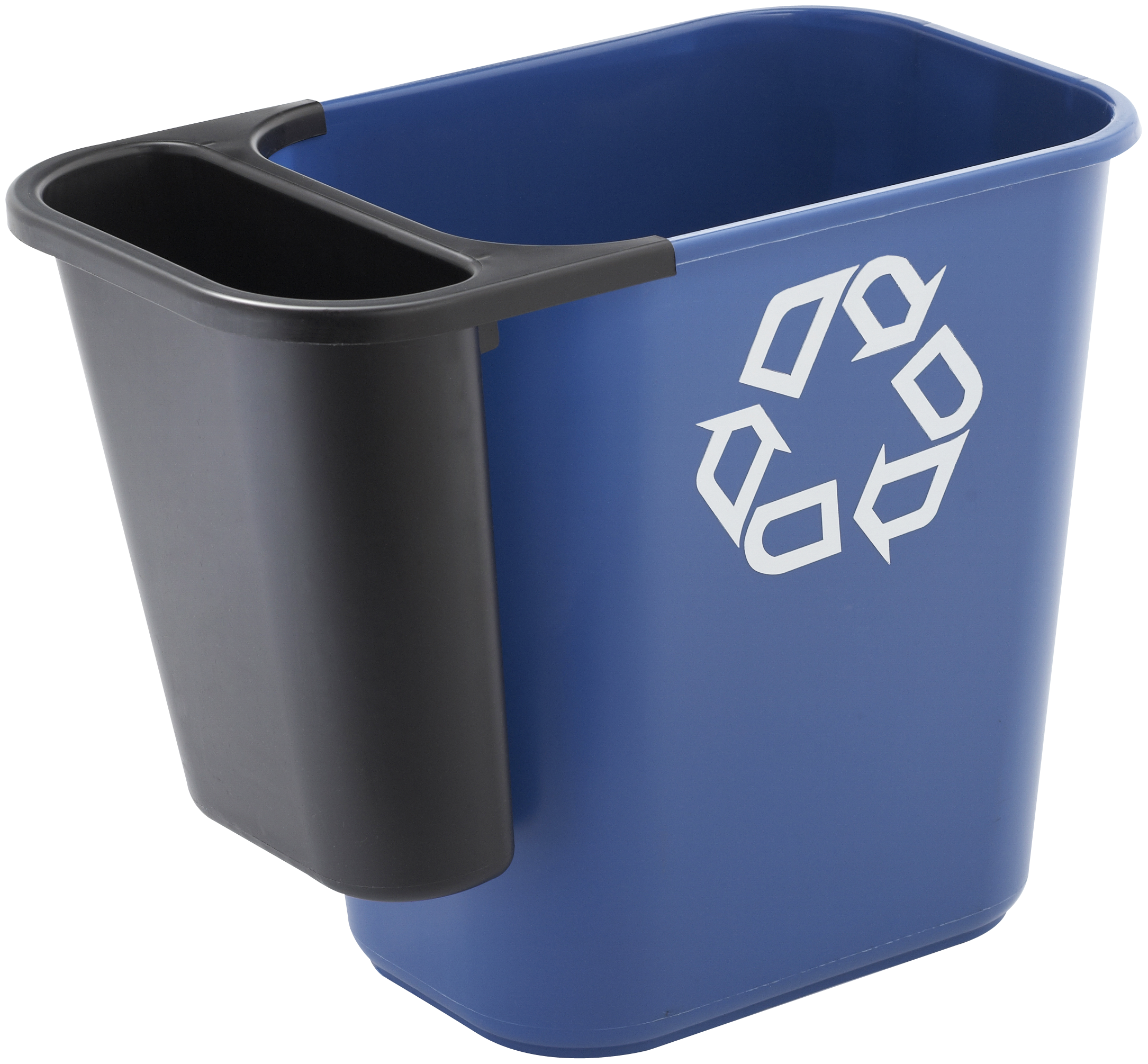 The Rubbermaid Commercial Recycling Side Bin is constructed of polyethylene to be lightweight and durable. It attaches onto medium wastebaskets to create a deskside recycling solution.