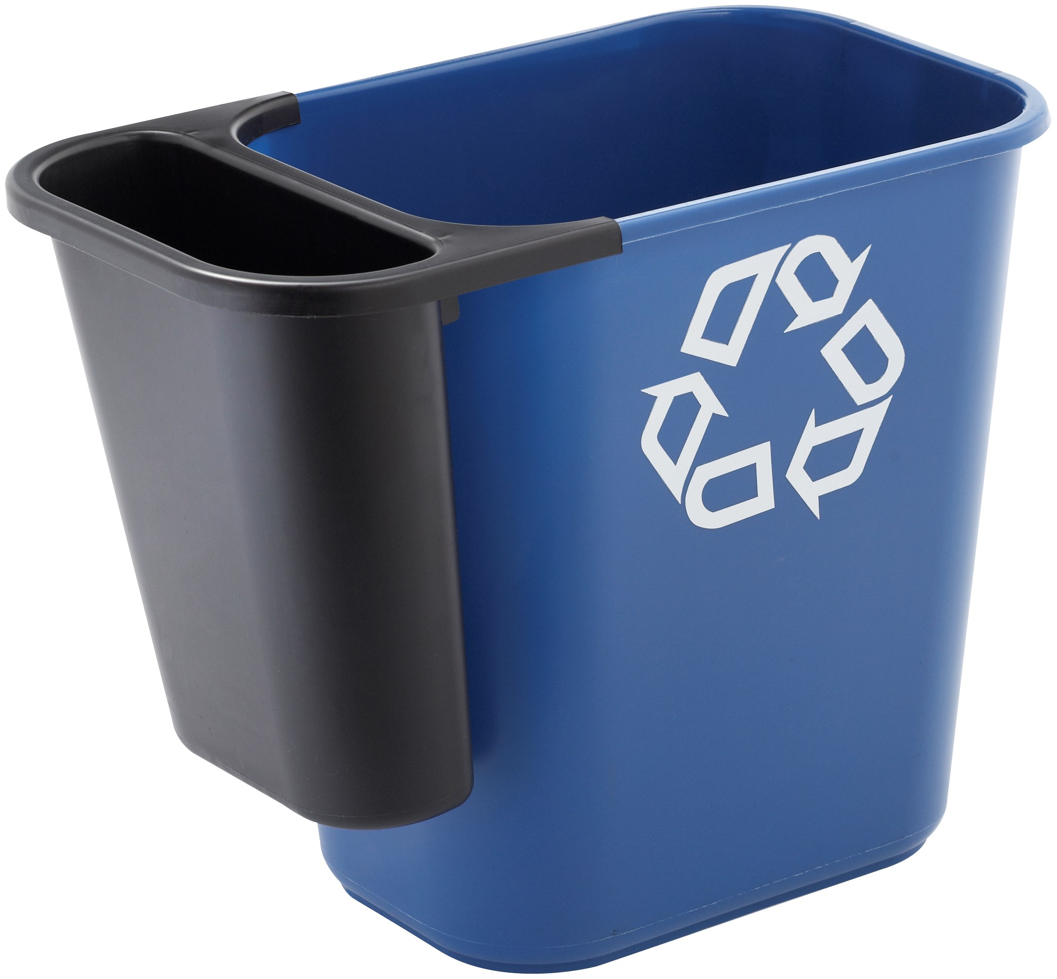 The Side Bin Attachment is constructed of polyethylene to be lightweight and durable. It attaches onto medium wastebaskets to create a deskside recycling solution.
