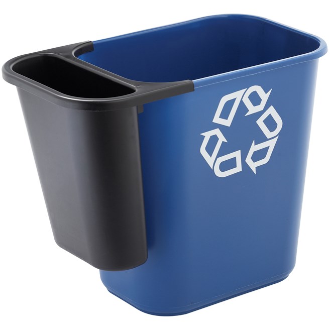 The Side Bin Attachment is constructed of polyethylene to be lightweight and durable. It attaches onto medium wastebaskets to create a deskside recycling solution.