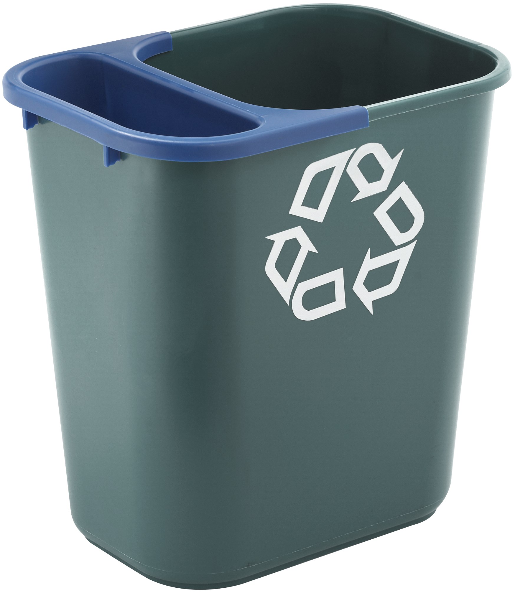The Rubbermaid Commercial Recycling Side Bin is constructed of polyethylene to be lightweight and durable. It attaches onto medium wastebaskets to create a deskside recycling solution.