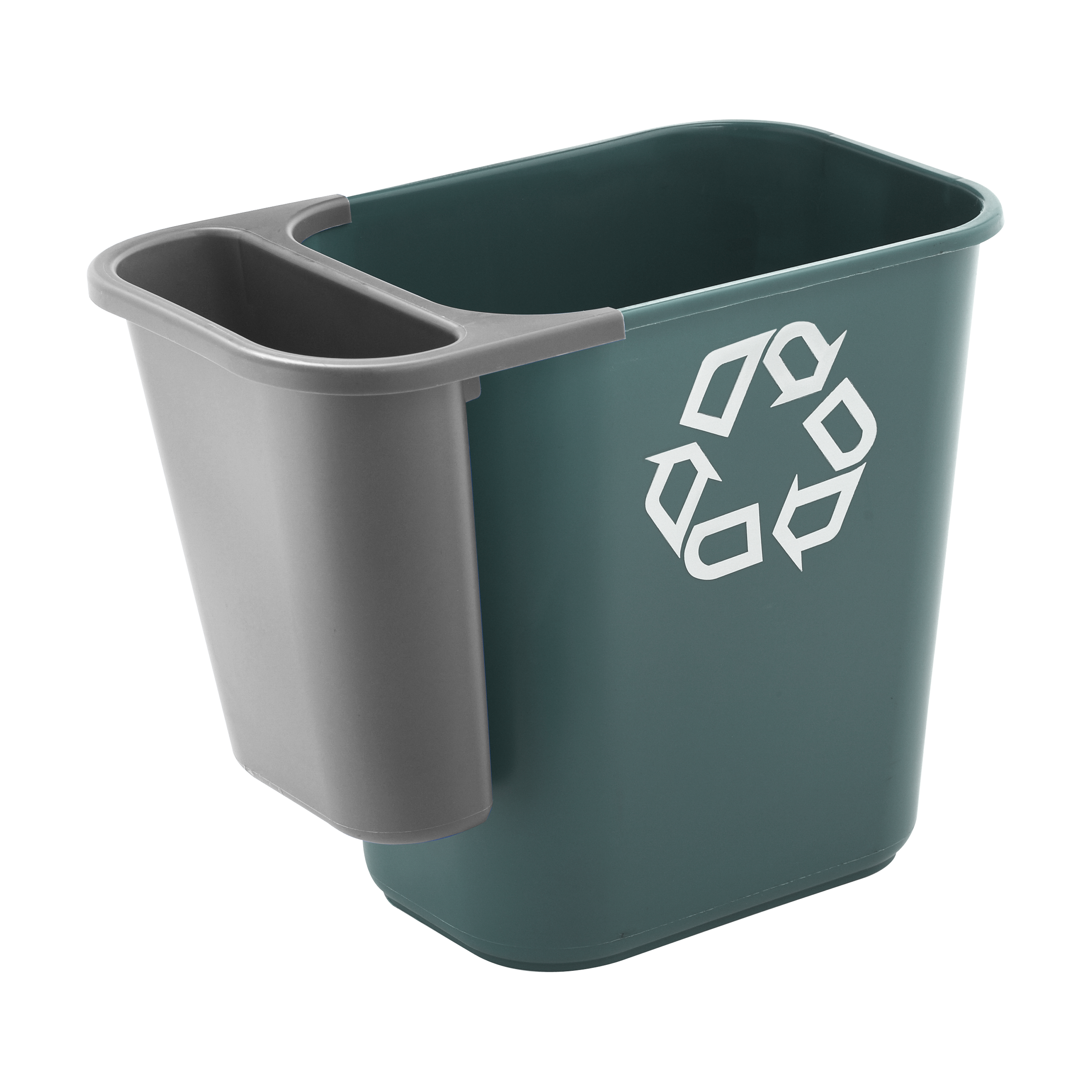 The Rubbermaid Commercial Recycling Side Bin is constructed of polyethylene to be lightweight and durable. It attaches onto medium wastebaskets to create a deskside recycling solution.