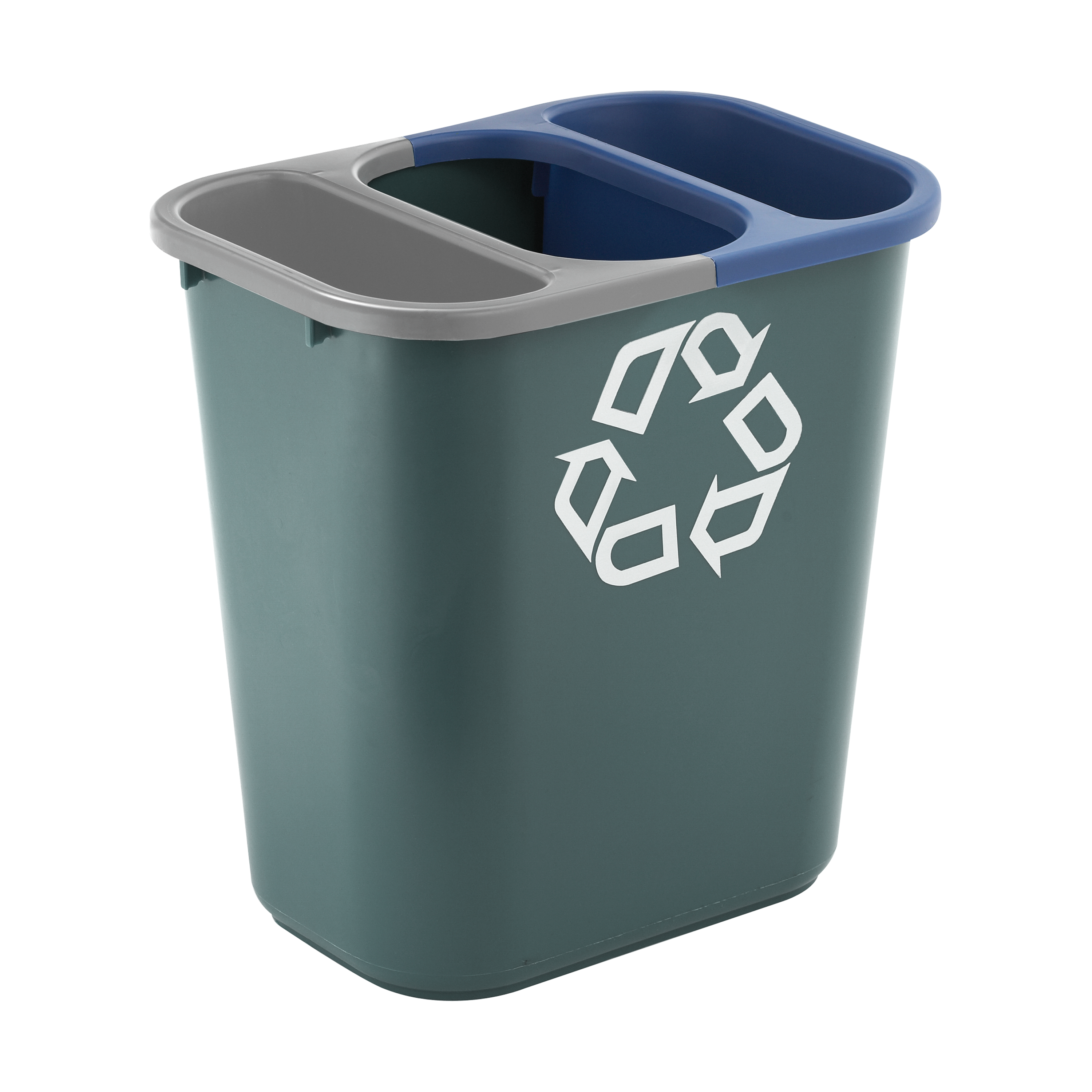 The Rubbermaid Commercial Recycling Side Bin is constructed of polyethylene to be lightweight and durable. It attaches onto medium wastebaskets to create a deskside recycling solution.