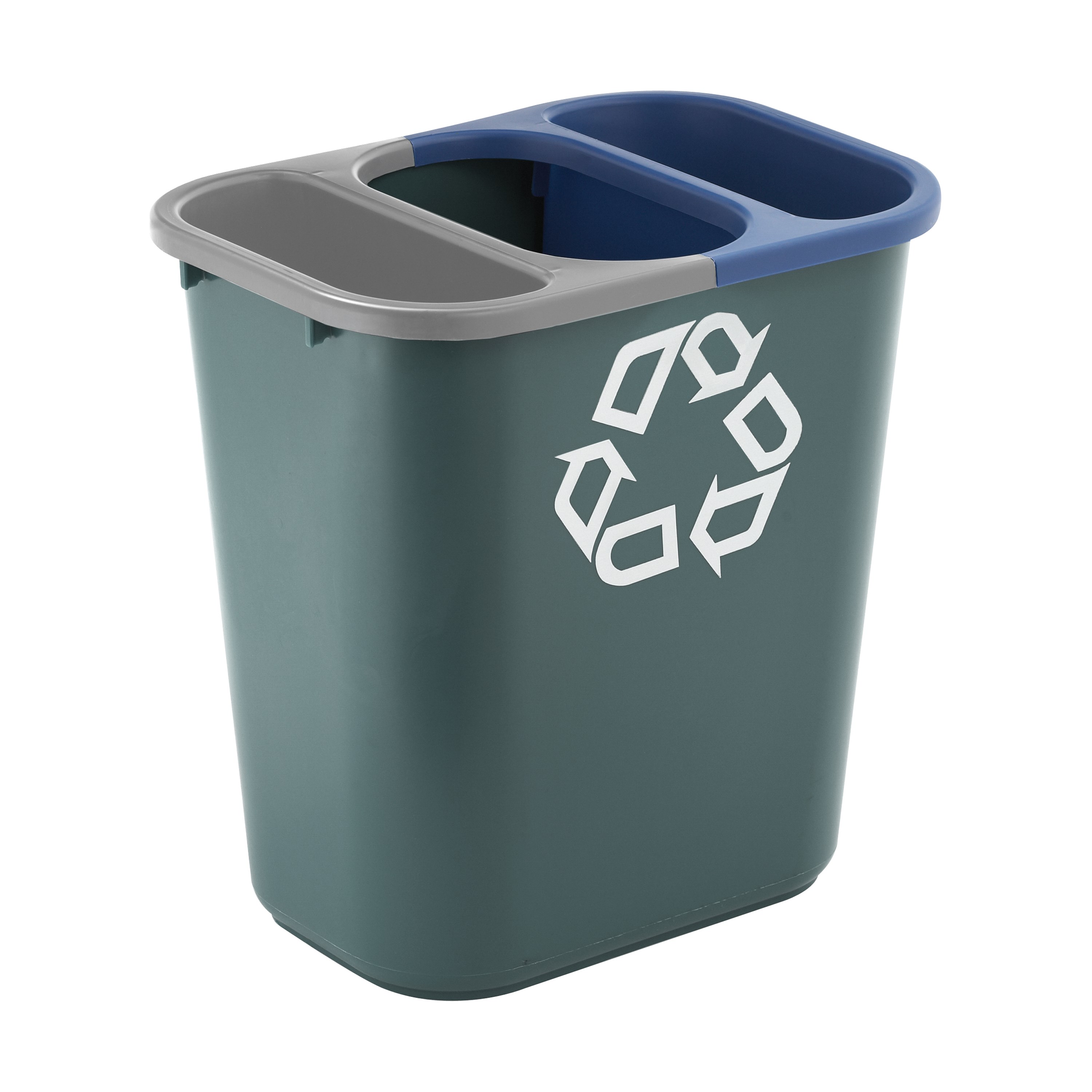 The Rubbermaid Commercial Recycling Side Bin is constructed of polyethylene to be lightweight and durable. It attaches onto medium wastebaskets to create a deskside recycling solution.