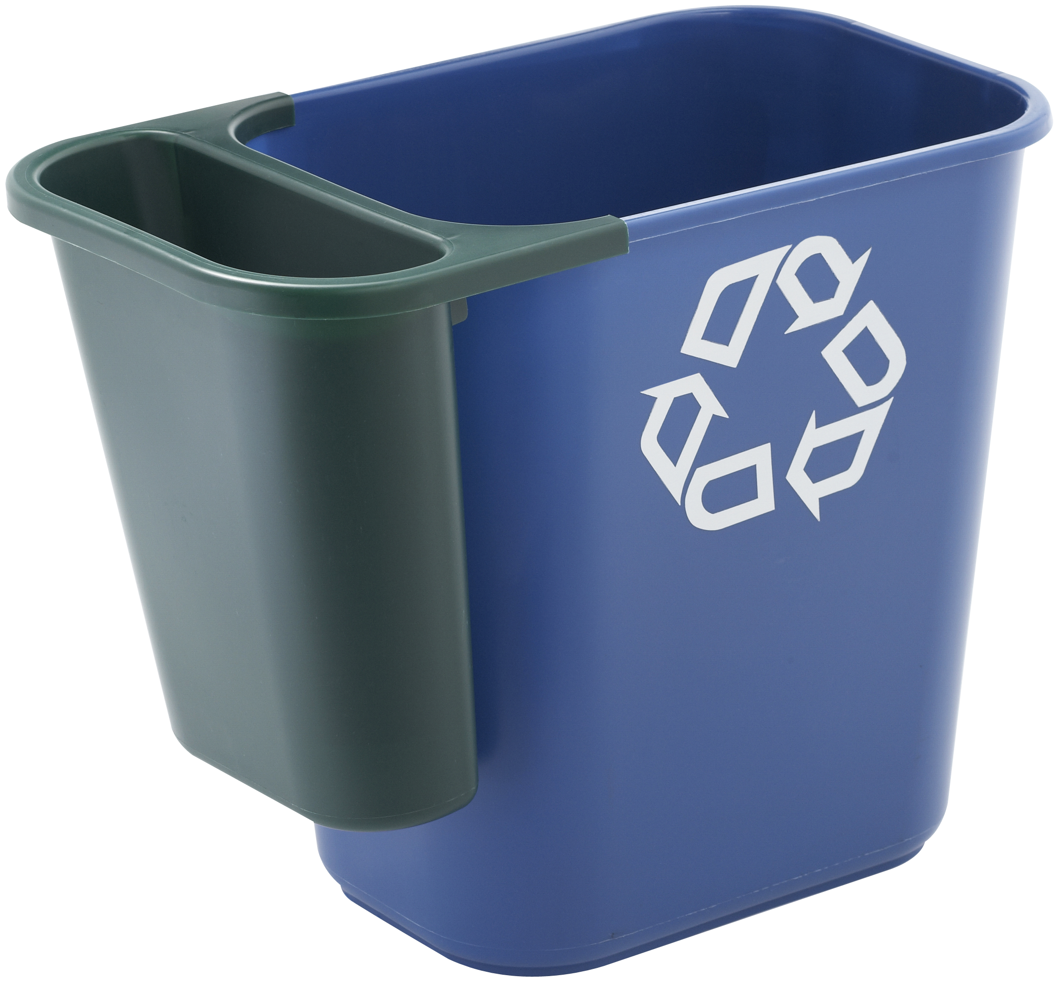 The Rubbermaid Commercial Recycling Side Bin is constructed of polyethylene to be lightweight and durable. It attaches onto medium wastebaskets to create a deskside recycling solution.