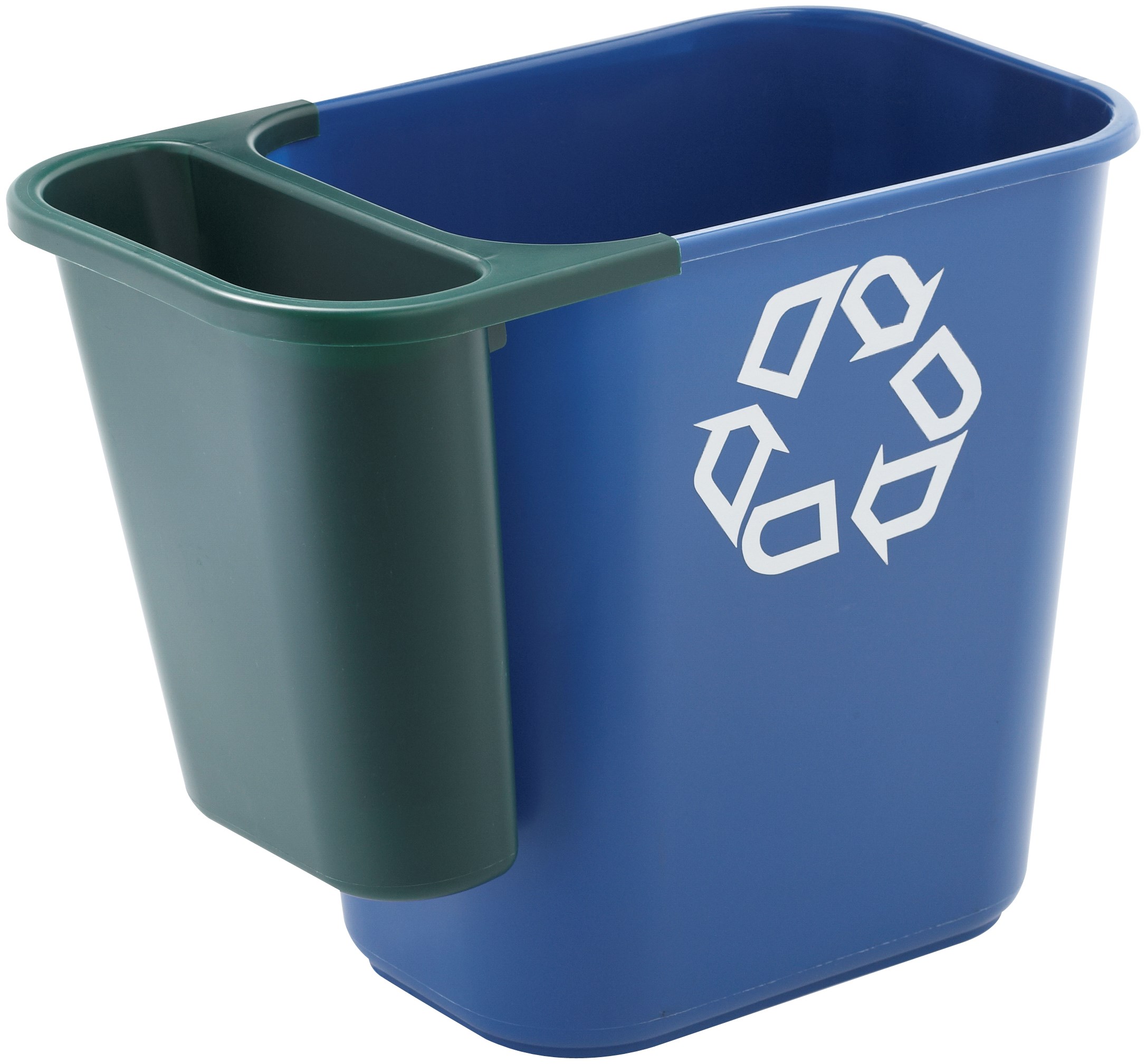 The Rubbermaid Commercial Recycling Side Bin is constructed of polyethylene to be lightweight and durable. It attaches onto medium wastebaskets to create a deskside recycling solution.
