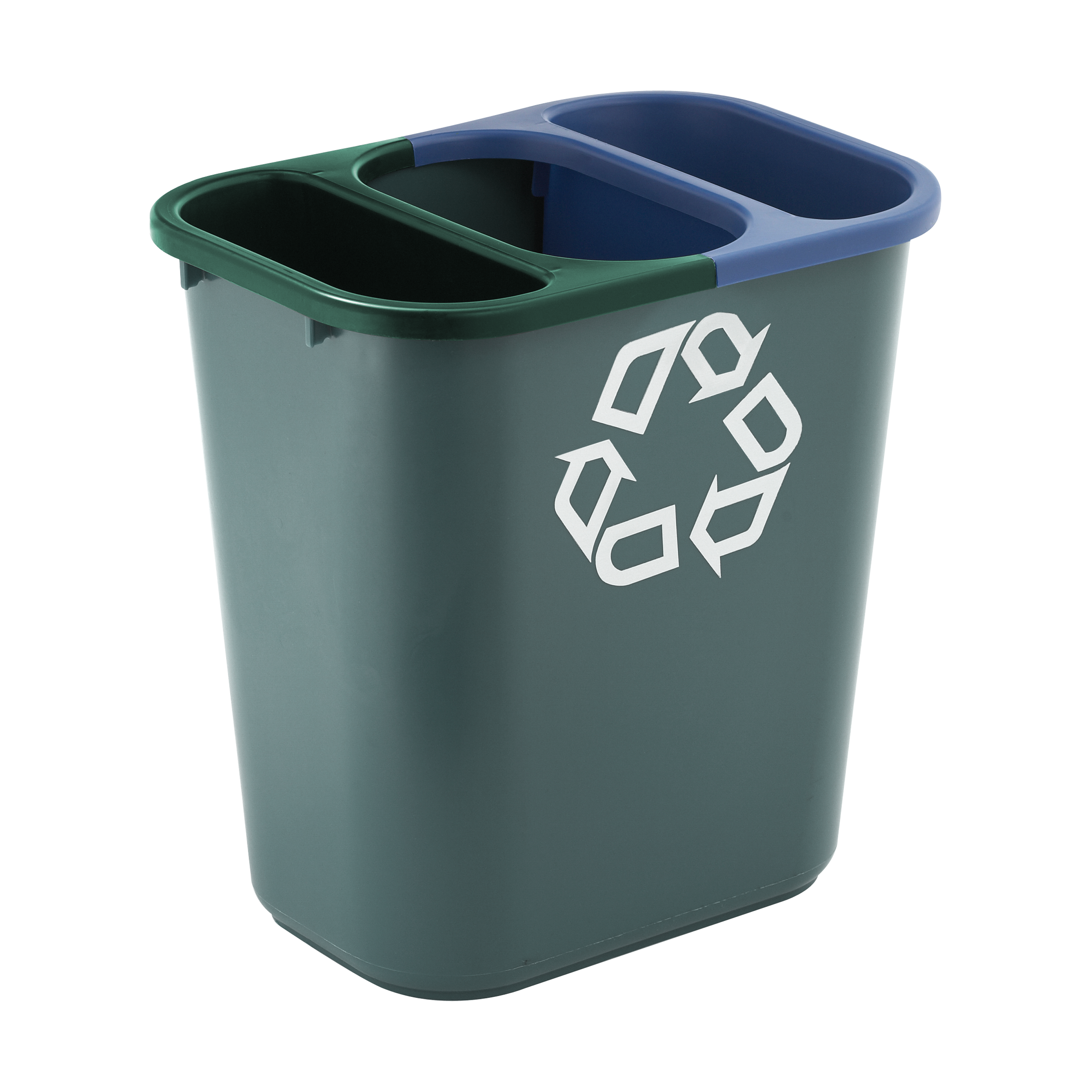The Rubbermaid Commercial Recycling Side Bin is constructed of polyethylene to be lightweight and durable. It attaches onto medium wastebaskets to create a deskside recycling solution.