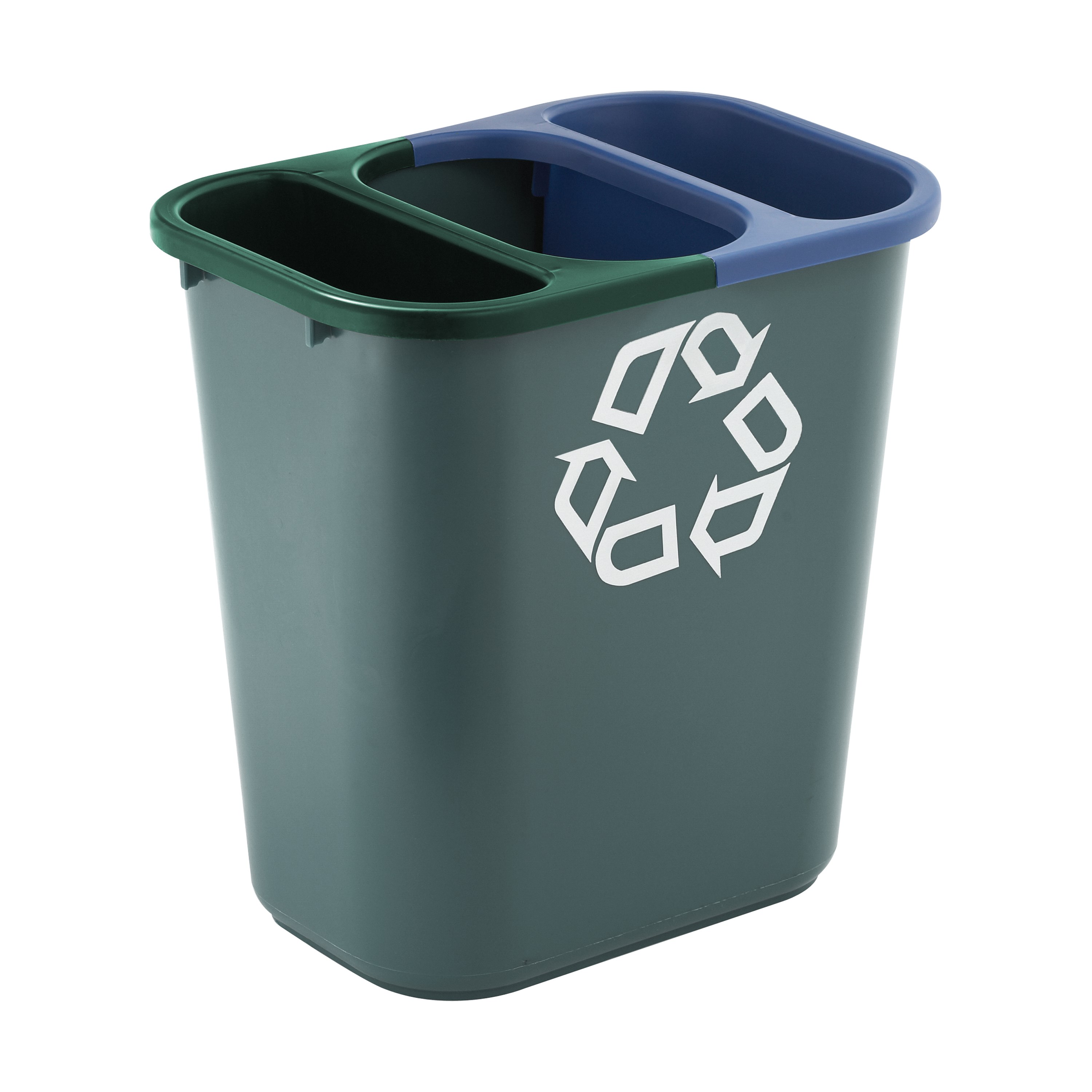 The Rubbermaid Commercial Recycling Side Bin is constructed of polyethylene to be lightweight and durable. It attaches onto medium wastebaskets to create a deskside recycling solution.