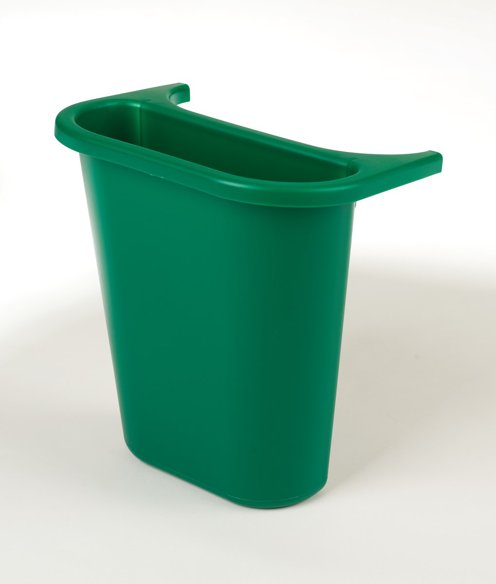 The Rubbermaid Commercial Recycling Side Bin is constructed of polyethylene to be lightweight and durable. It attaches onto medium wastebaskets to create a deskside recycling solution.