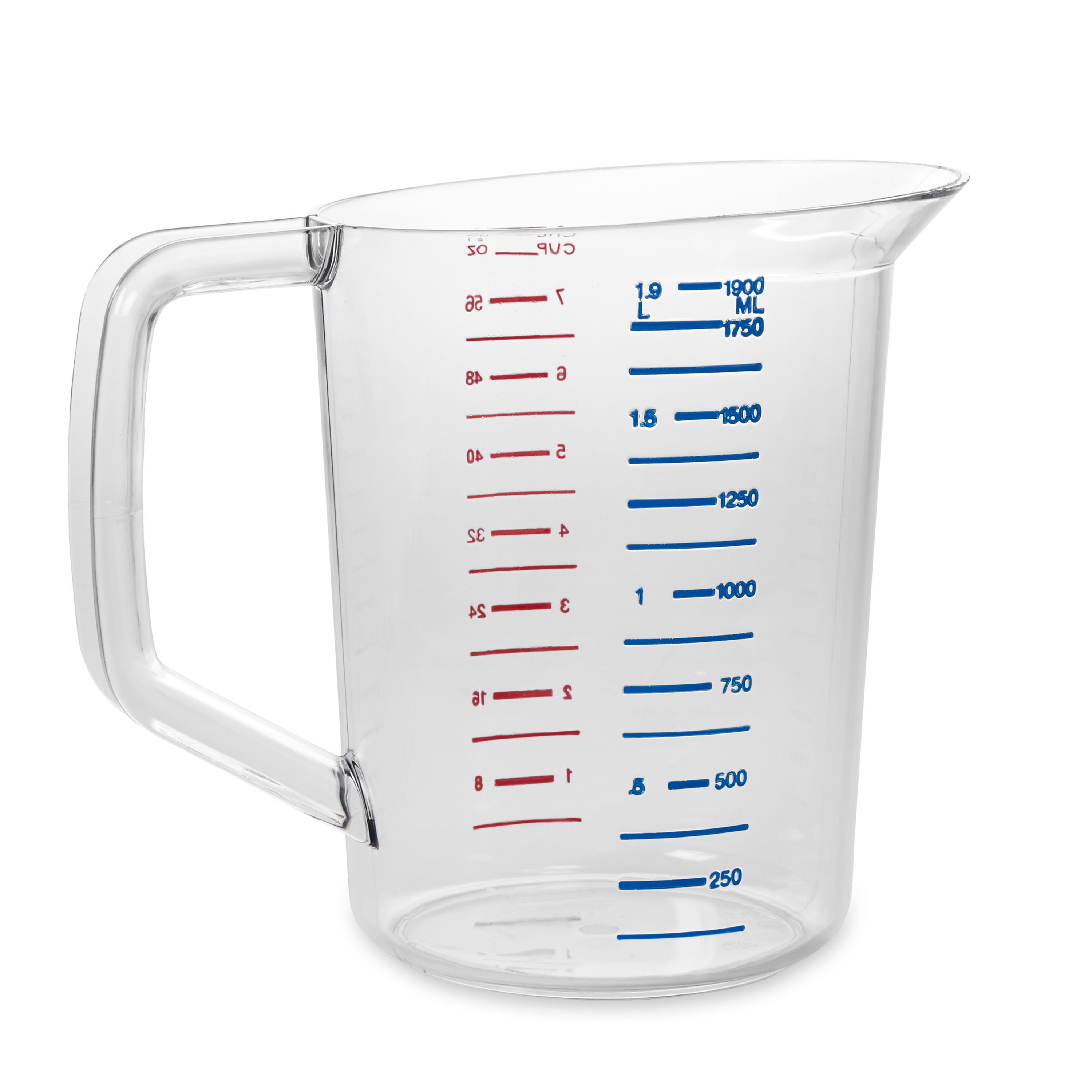 The Rubbermaid Commercial Bouncer® Measuring Cup is constructed of break-resistant, clear polycarbonate.