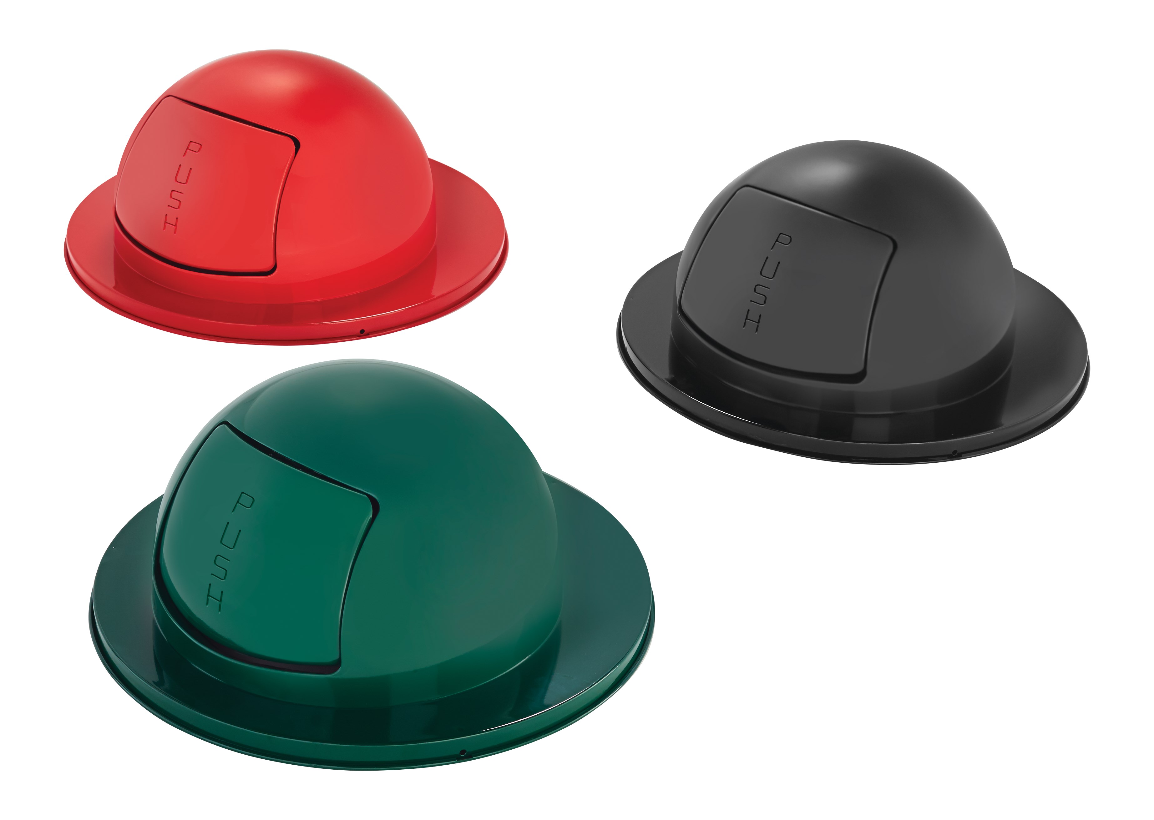 スチールドラムドームトップは自動開閉式の「プッシュ」ドアトップで、Rubbermaid Commercial 30ガロンスチールドラムコンテナと一緒に使用することでFactory-Mutal（FM）の承認を得られます。不快な臭いや見苦しい廃棄物を密閉します。