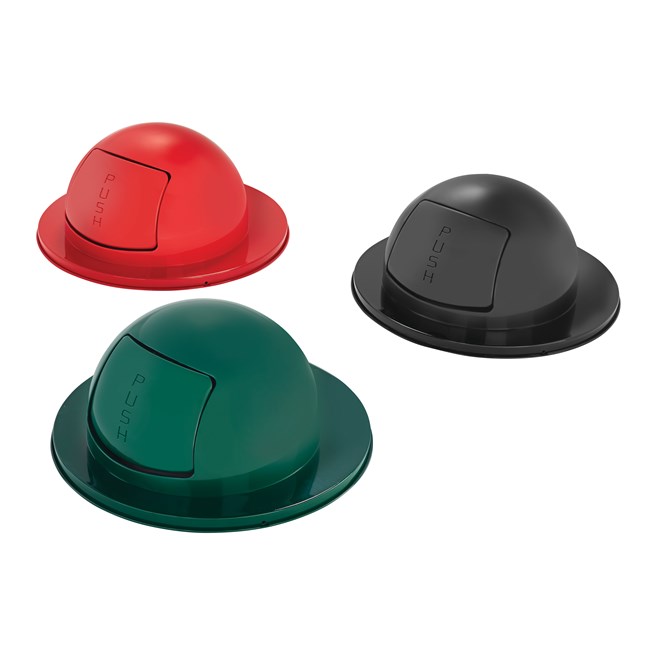 The Steel Drum Dome Top is a self-closing "push" door top that is Factory-Mutal (FM) approved when used with a Rubbermaid Commercial 30-gallon Steel Drum Container. Helps seal away unpleasant odors and unsightly waste.