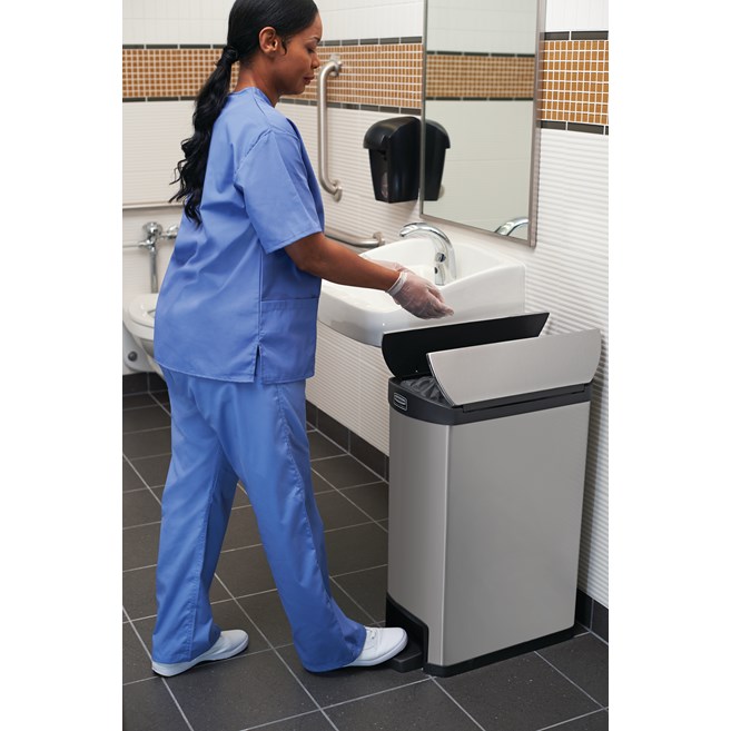 The Rubbermaid Commercial Impressions™ Step-On Container features a slim profile and small footprint to fit in tightest spaces. Impressions™ Step-On containers are constructed with premium-quality materials and meet the needs of any environment with efficiency, safety, and durability.
