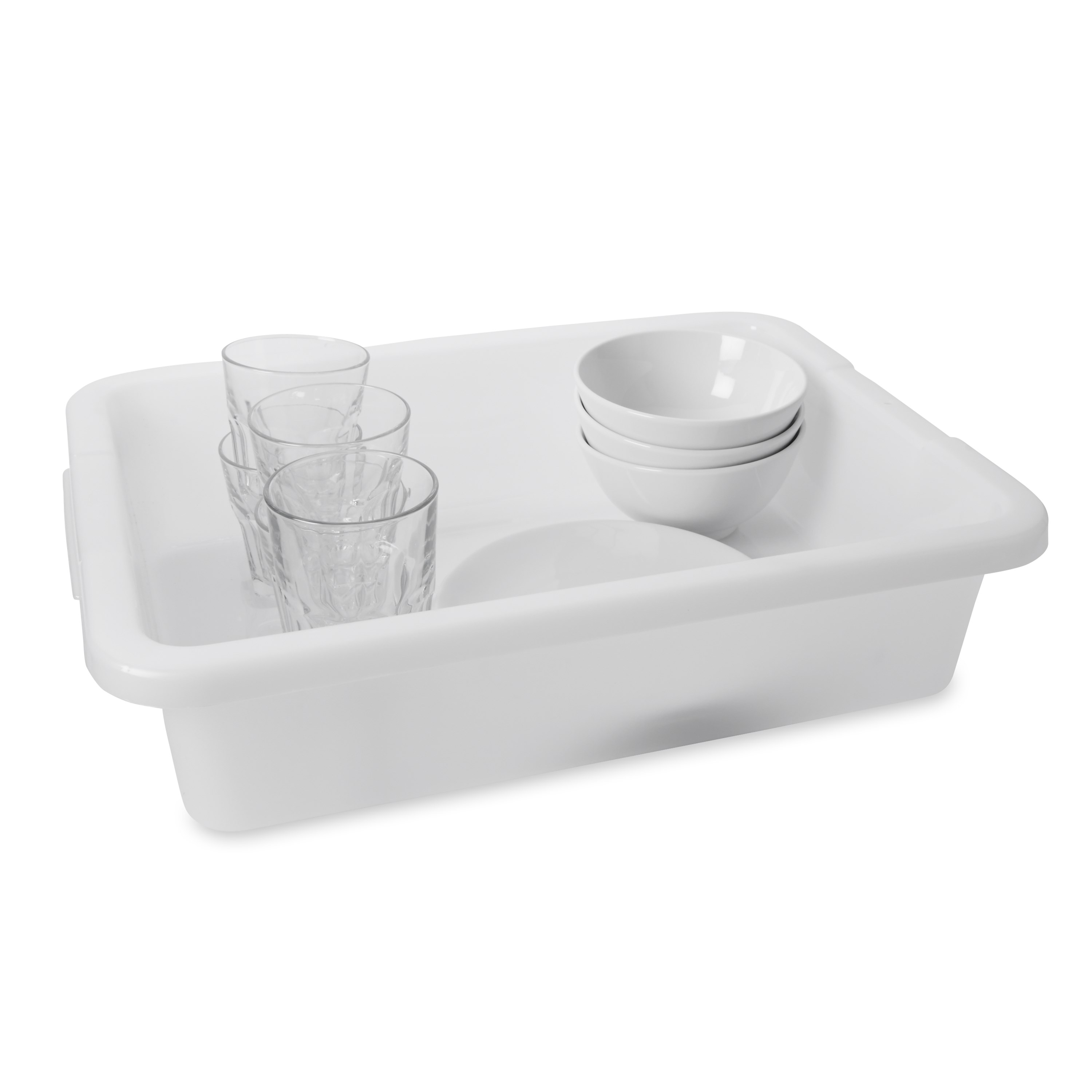 The Rubbermaid Commercial Bus Box is constructed of commercial grade plastic. The utility box has reinforced handles and bottom, as well as ribs, for extra strength.