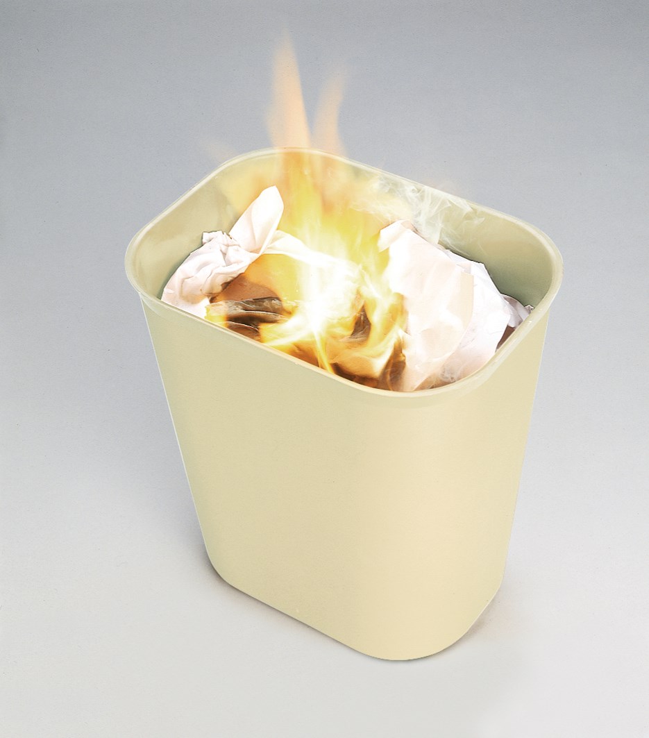 The Rubbermaid Commercial Fire-Resistant Wastebasket features a contemporary shape with a UL rating.