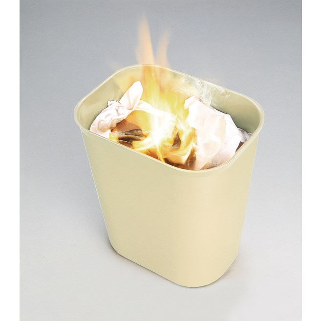 The Rubbermaid Commercial Fire-Resistant Wastebasket features a contemporary shape with a UL rating.
