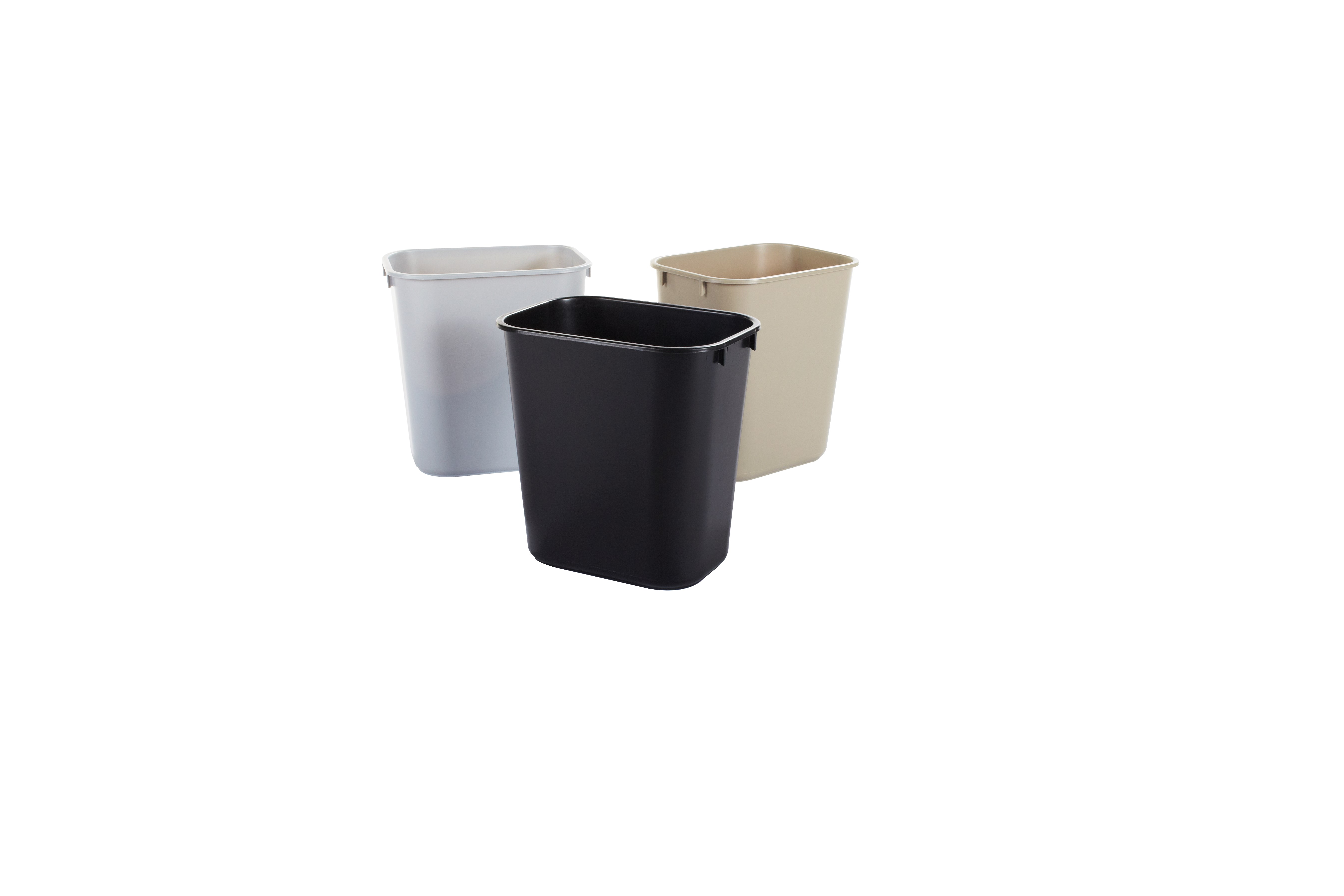The Rubbermaid Commercial Fire-Resistant Wastebasket features a contemporary shape with a UL rating.