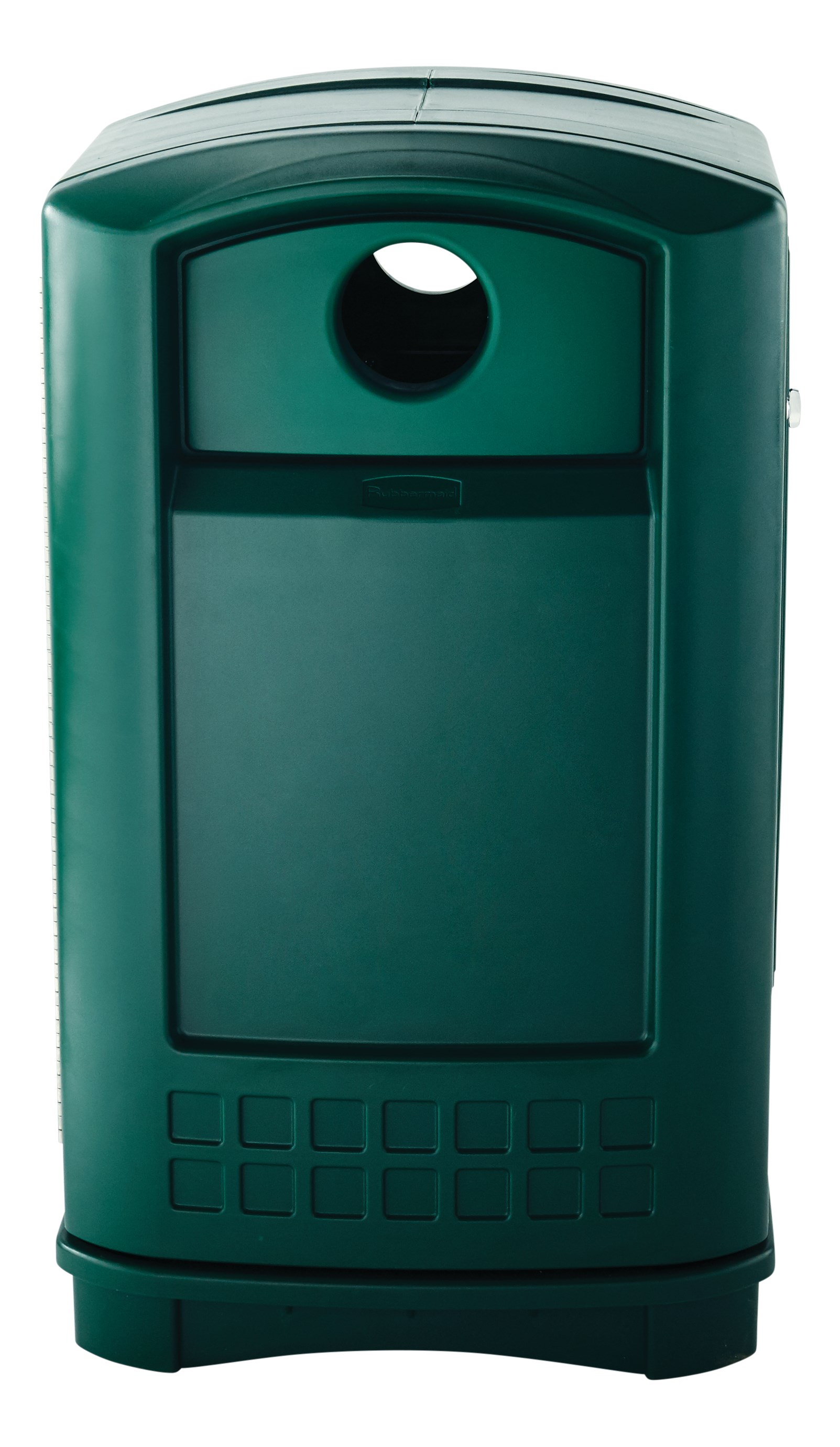 The Rubbermaid Commercial Plaza® Bottle and Can Recycling Container offers contemporary styling with a side-opening door for ergonomic waste emptying.