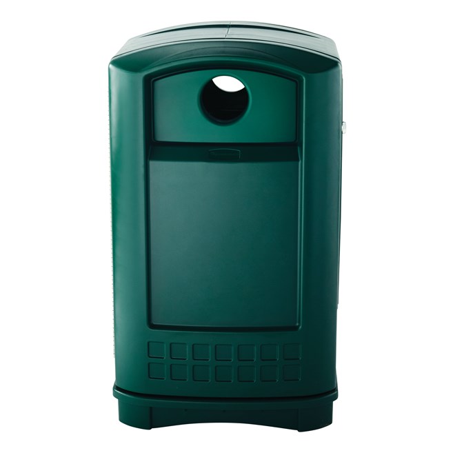 The Rubbermaid Commercial Plaza® Bottle and Can Recycling Container offers contemporary styling with a side-opening door for ergonomic waste emptying.