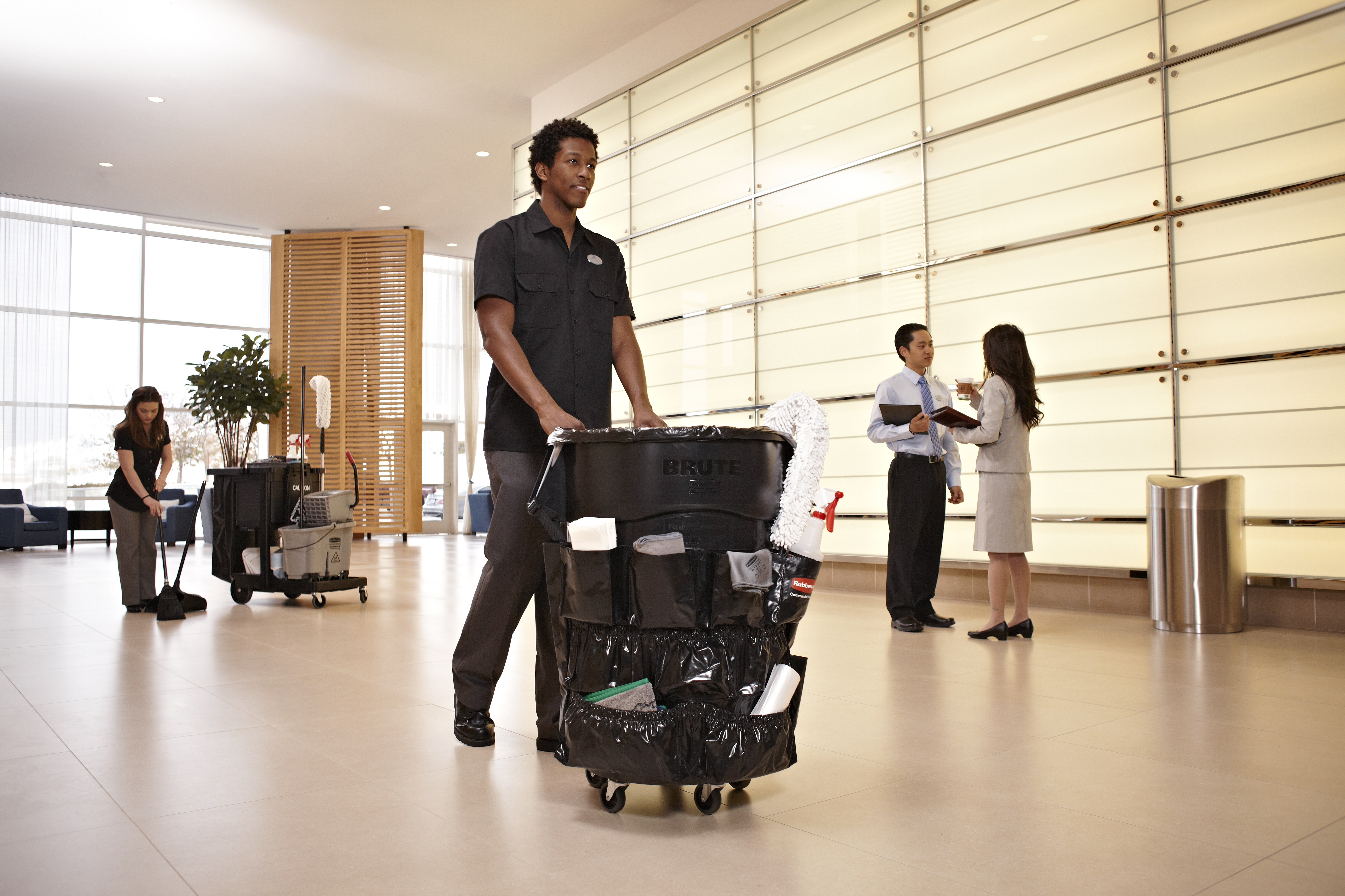Turn your Rubbermaid Commercial BRUTE® container into a cleaning cart with storage and transport for spray bottles, wet-floor signs, lobby dust pan, brushes, liners, gloves, and other cleaning supplies