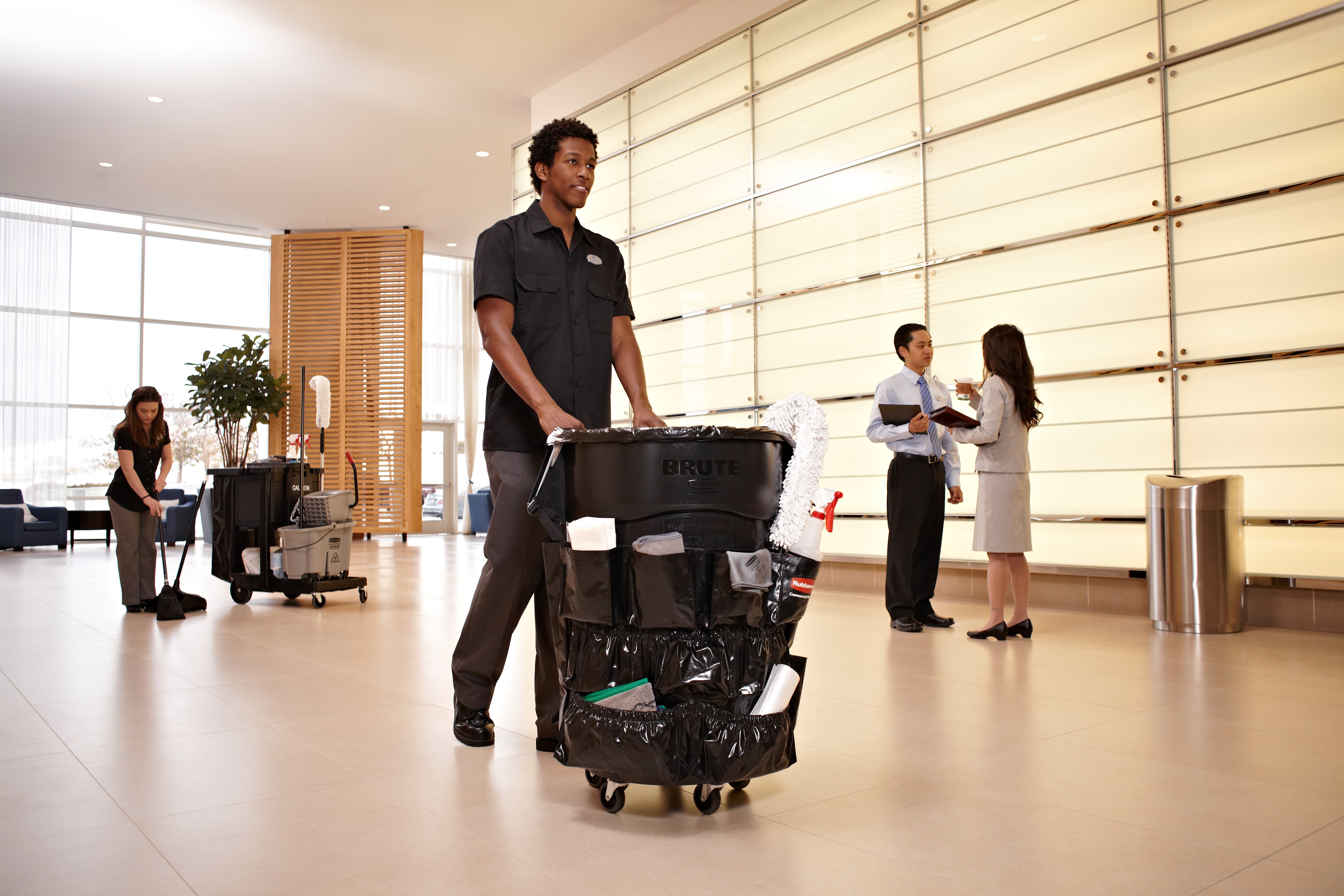 Turn your Rubbermaid Commercial BRUTE® container into a cleaning cart with storage and transport for spray bottles, wet-floor signs, lobby dust pan, brushes, liners, gloves, and other cleaning supplies
