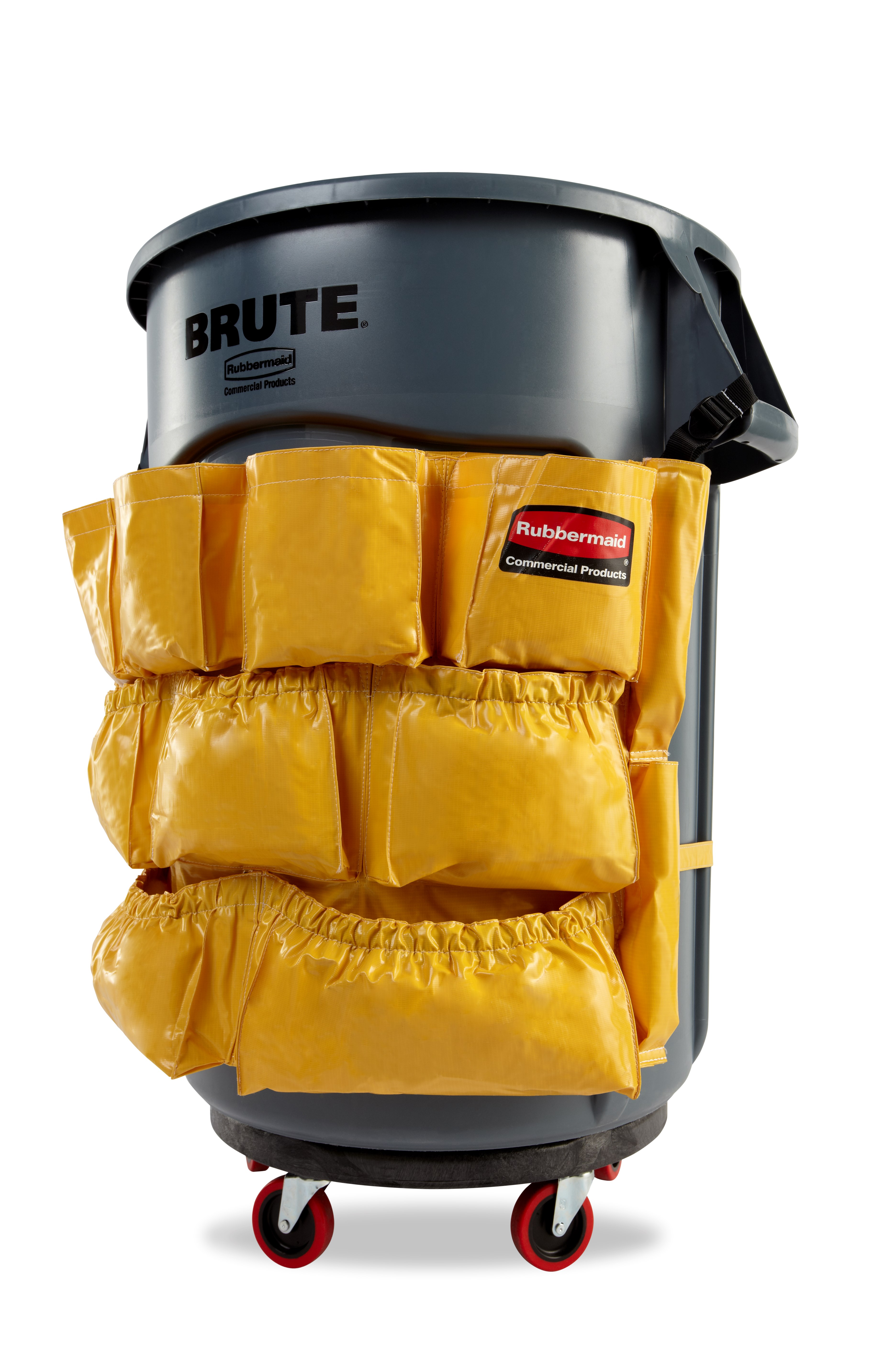 Turn your Rubbermaid Commercial BRUTE® container into a cleaning cart with storage and transport for spray bottles, wet-floor signs, lobby dust pan, brushes, liners, gloves, and other cleaning supplies