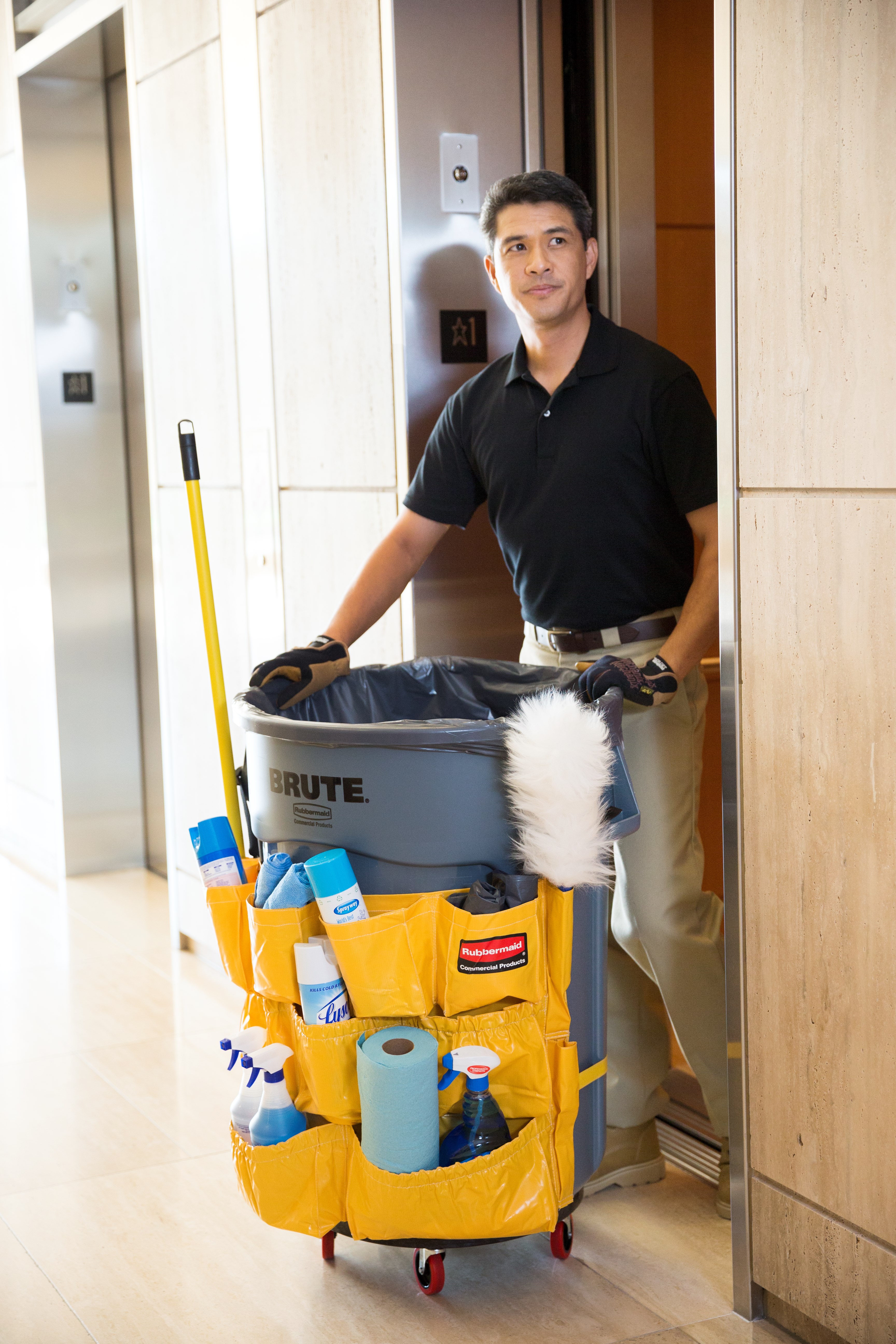 Turn your Rubbermaid Commercial BRUTE® container into a cleaning cart with storage and transport for spray bottles, wet-floor signs, lobby dust pan, brushes, liners, gloves, and other cleaning supplies