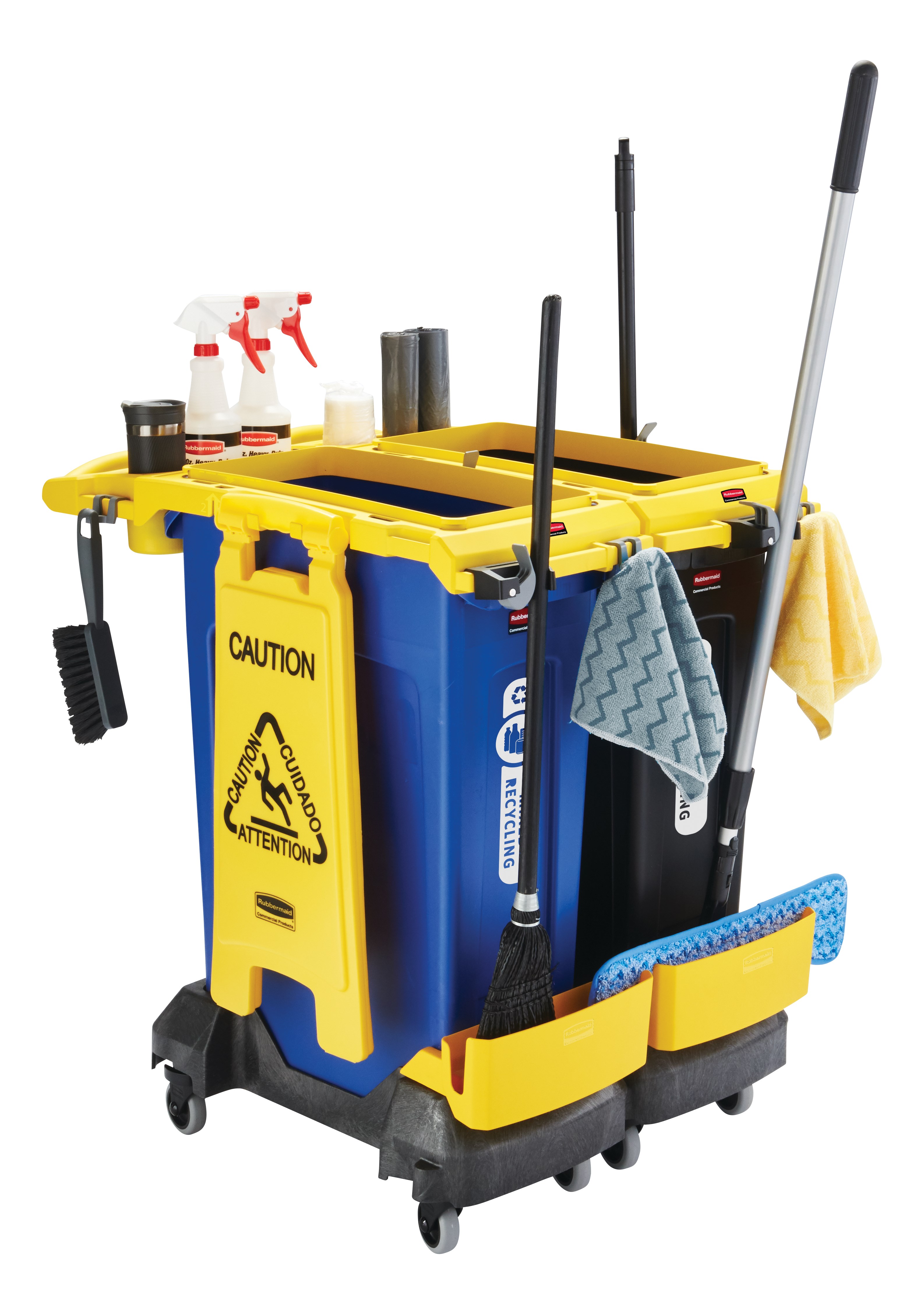 Rubbermaid Commercial 2-Stream Slim Jim® Cleaning Cart is a compact and purpose-built solution for all-in-one sanitation and waste collection. The cleaning cart helps store and transport common cleaning tools, hand sanitizer, and disinfecting wipes. It consolidates all the supplies you need in one solution to reduce trips and improve cleaning productivity.