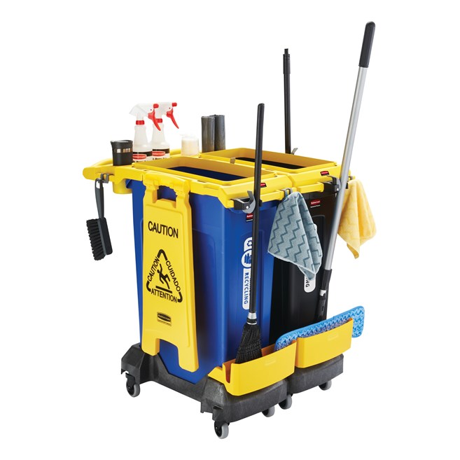 Rubbermaid Commercial 2-Stream Slim Jim® Cleaning Cart is a compact and purpose-built solution for all-in-one sanitation and waste collection. The cleaning cart helps store and transport common cleaning tools, hand sanitizer, and disinfecting wipes. It consolidates all the supplies you need in one solution to reduce trips and improve cleaning productivity.
