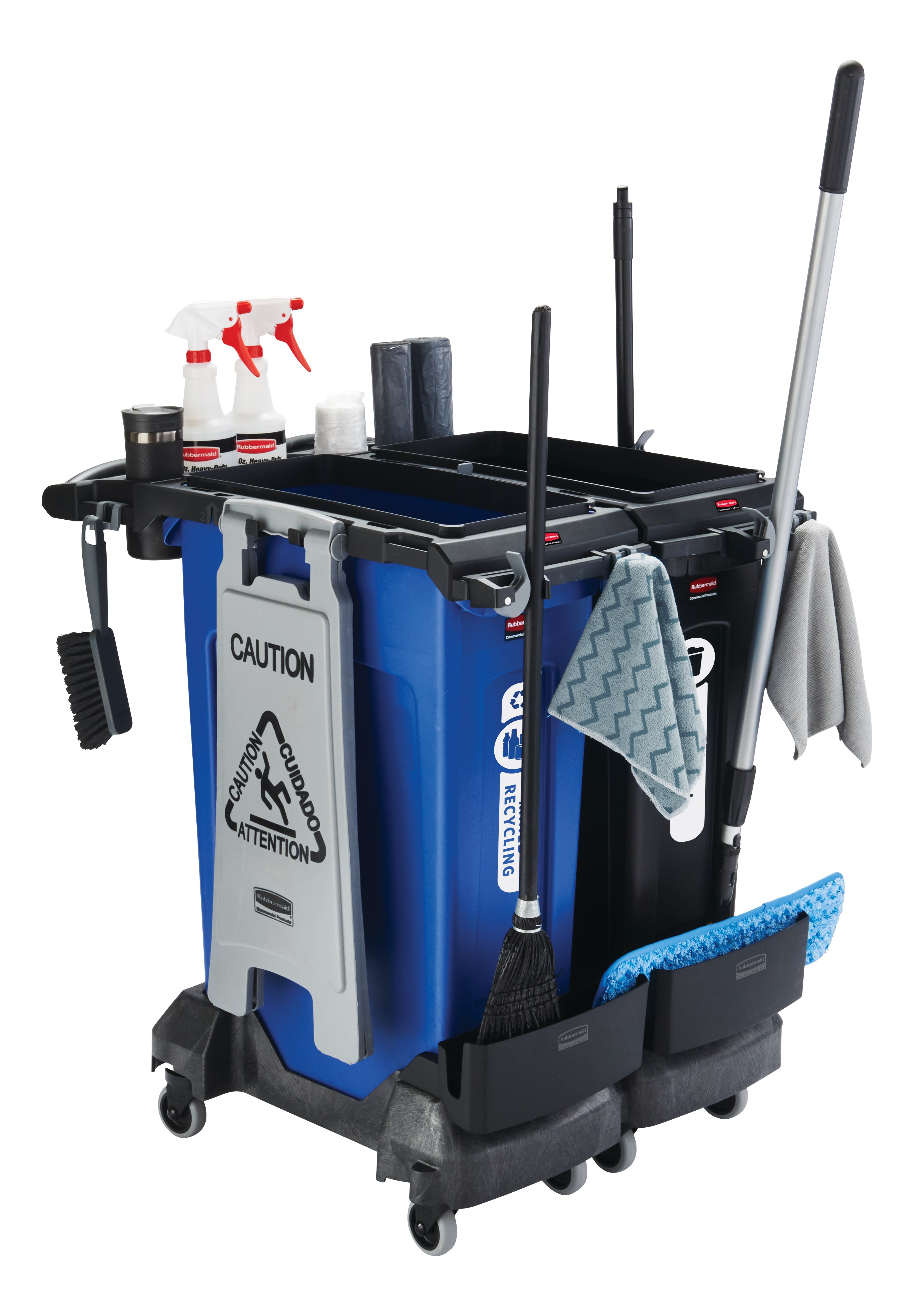 Rubbermaid Commercial 2-Stream Slim Jim® Cleaning Cart is a compact and purpose-built solution for all-in-one sanitation and waste collection. The cleaning cart helps store and transport common cleaning tools, hand sanitizer, and disinfecting wipes. It consolidates all the supplies you need in one solution to reduce trips and improve cleaning productivity.