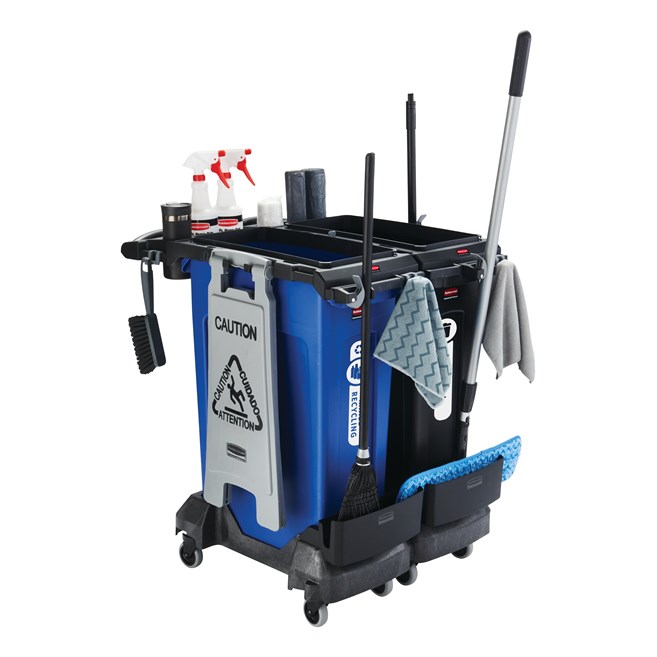 Rubbermaid Commercial 2-Stream Slim Jim® Cleaning Cart is a compact and purpose-built solution for all-in-one sanitation and waste collection. The cleaning cart helps store and transport common cleaning tools, hand sanitizer, and disinfecting wipes. It consolidates all the supplies you need in one solution to reduce trips and improve cleaning productivity.