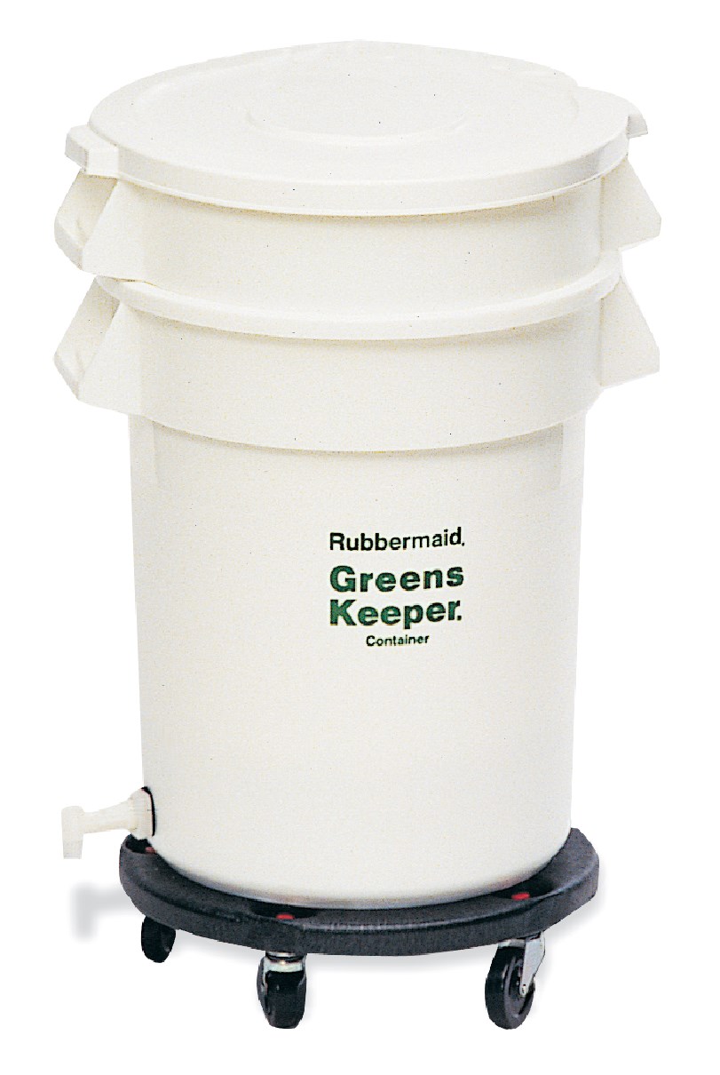 The Rubbermaid Commercial BRUTE® Greenskeeper Food Container with Lid and Dolly helps keep greens fresh.