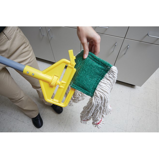 Invader® Side-Gate Mop Handle makes removing and replacing mop heads easy and efficient. Thumbwheel clamps the mop firmly in place; should be used with 1"  headband mops only.