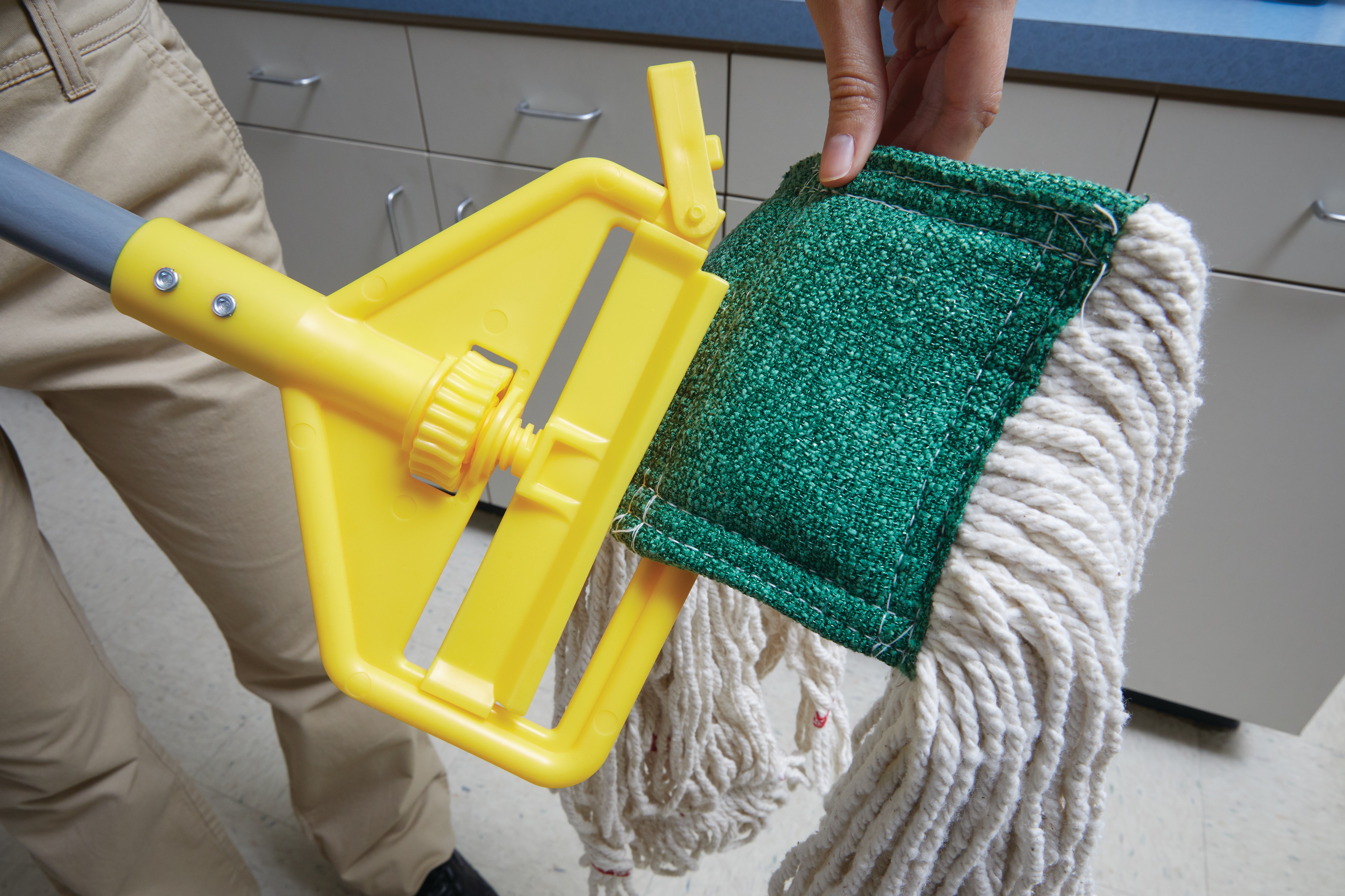 Invader® Side-Gate Mop Handle makes removing and replacing mop heads easy and efficient. Thumbwheel clamps the mop firmly in place; should be used with 1"  headband mops only.
