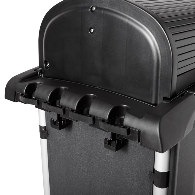 The High-Security Janitorial Cleaning Cart is a secure cart, featuring quiet casters and ball-bearing wheels along with preassembled locking hood and doors.