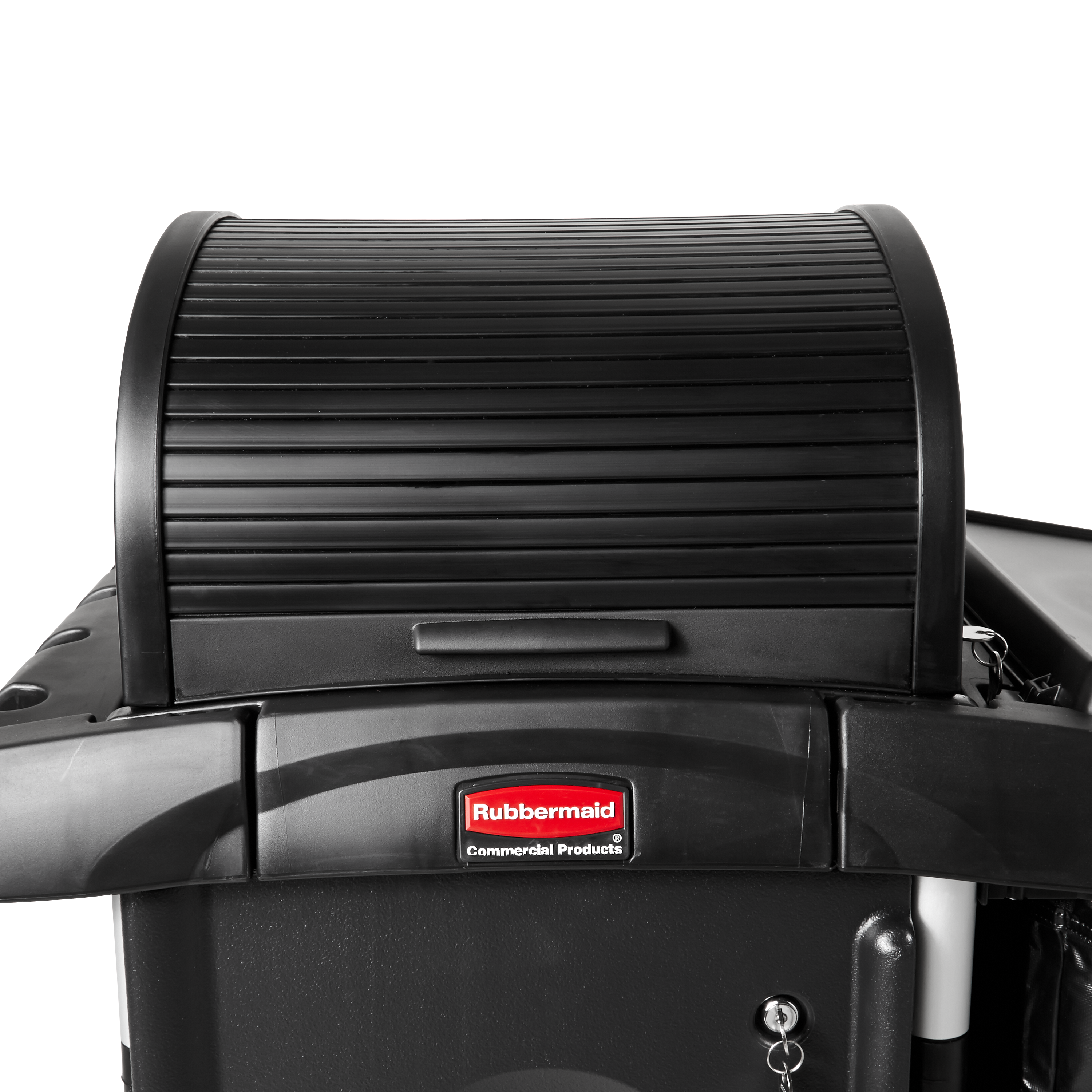 The Rubbermaid Commercial Products Executive Locking Hood for High-Capacity Janitorial Cleaning Carts secures and conceals supplies stored on the top of the cart while providing access to supplies on both sides of the cart.