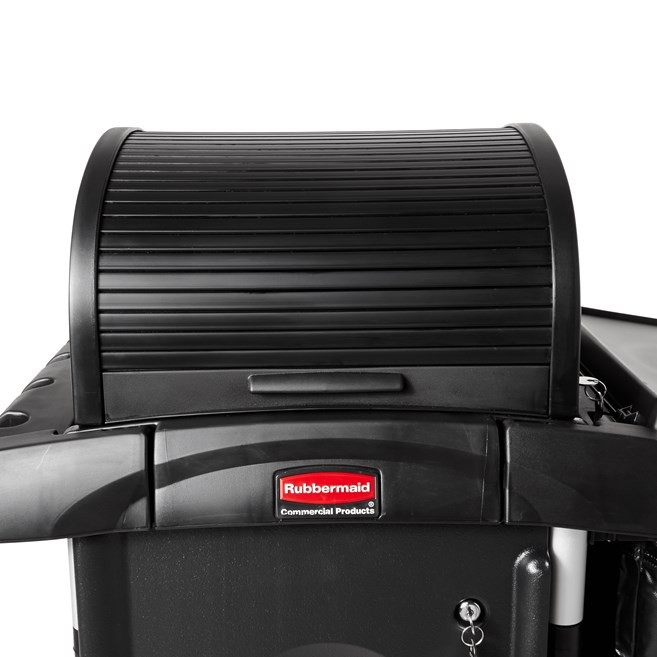 The Executive Locking Hood is made for the High-Capacity Janitorial Cleaning Cart to secure and conceal supplies stored on the top of the cart, while still enabling access to supplies on both sides of the cart.