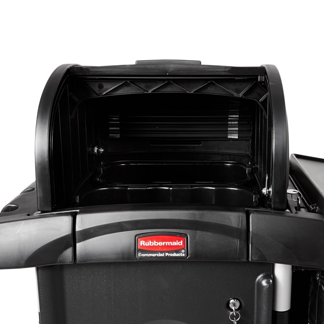 The High-Security Janitorial Cleaning Cart is a secure cart, featuring quiet casters and ball-bearing wheels along with preassembled locking hood and doors.