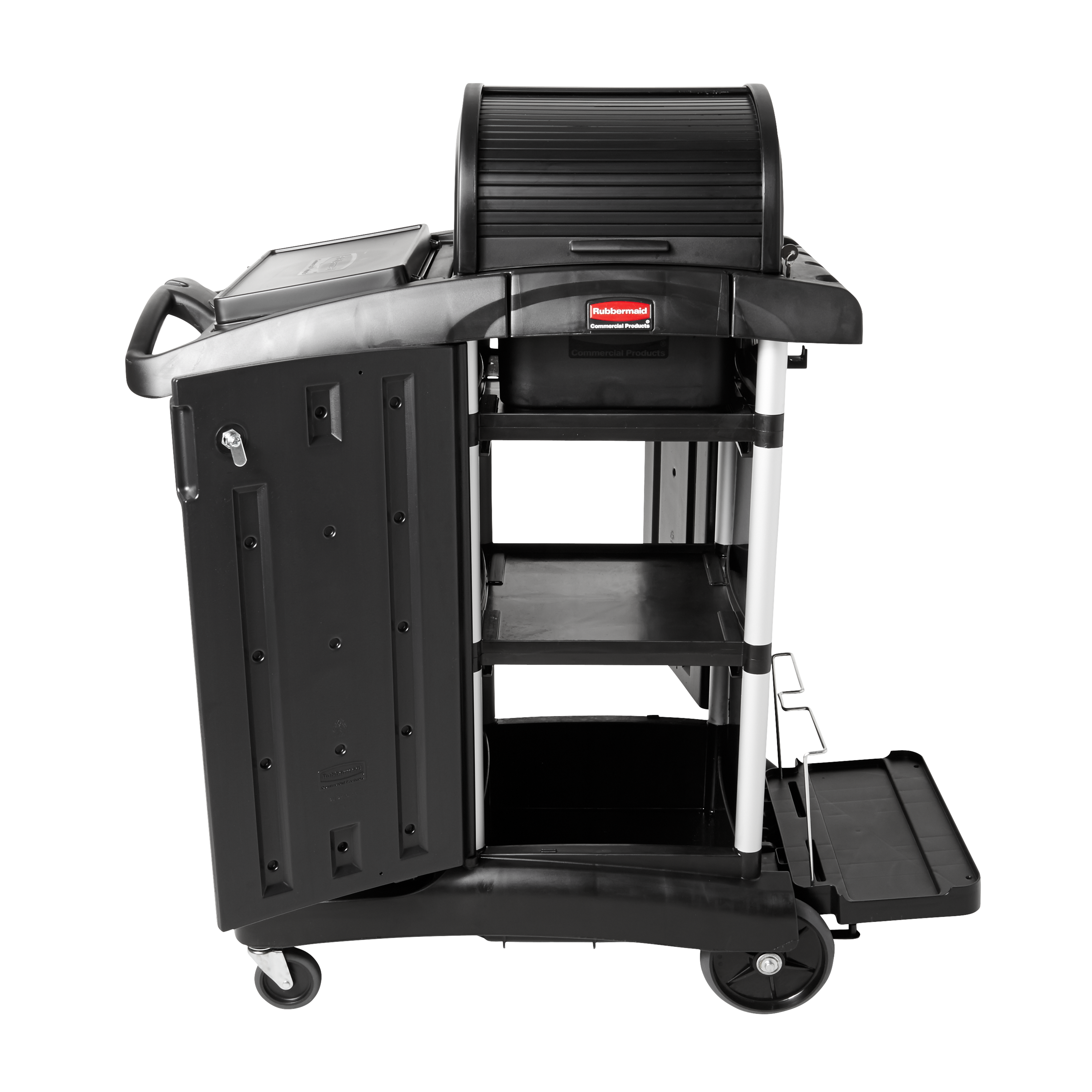 The Rubbermaid Commercial Products Executive Locking Hood for High-Capacity Janitorial Cleaning Carts secures and conceals supplies stored on the top of the cart while providing access to supplies on both sides of the cart.