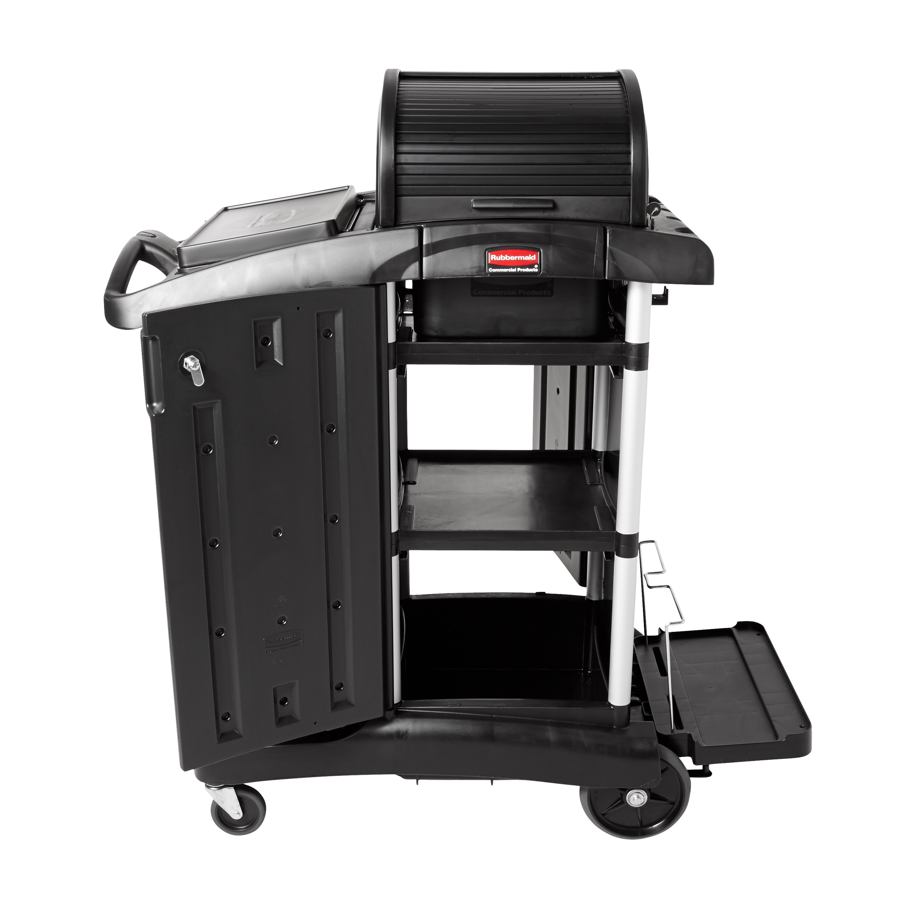 The Executive Locking Hood is made for the High-Capacity Janitorial Cleaning Cart to secure and conceal supplies stored on the top of the cart, while still enabling access to supplies on both sides of the cart.