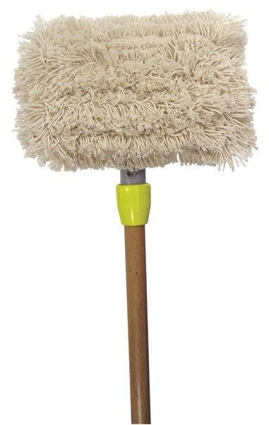 The wall washer kit features an aluminum handle with a pivoting head for smooth, even control. The raised-ribbed design works with either side pressure or downward pressure mop wringers, and the pads can be removed easily for convenient washing, making them ideal for commercial use.