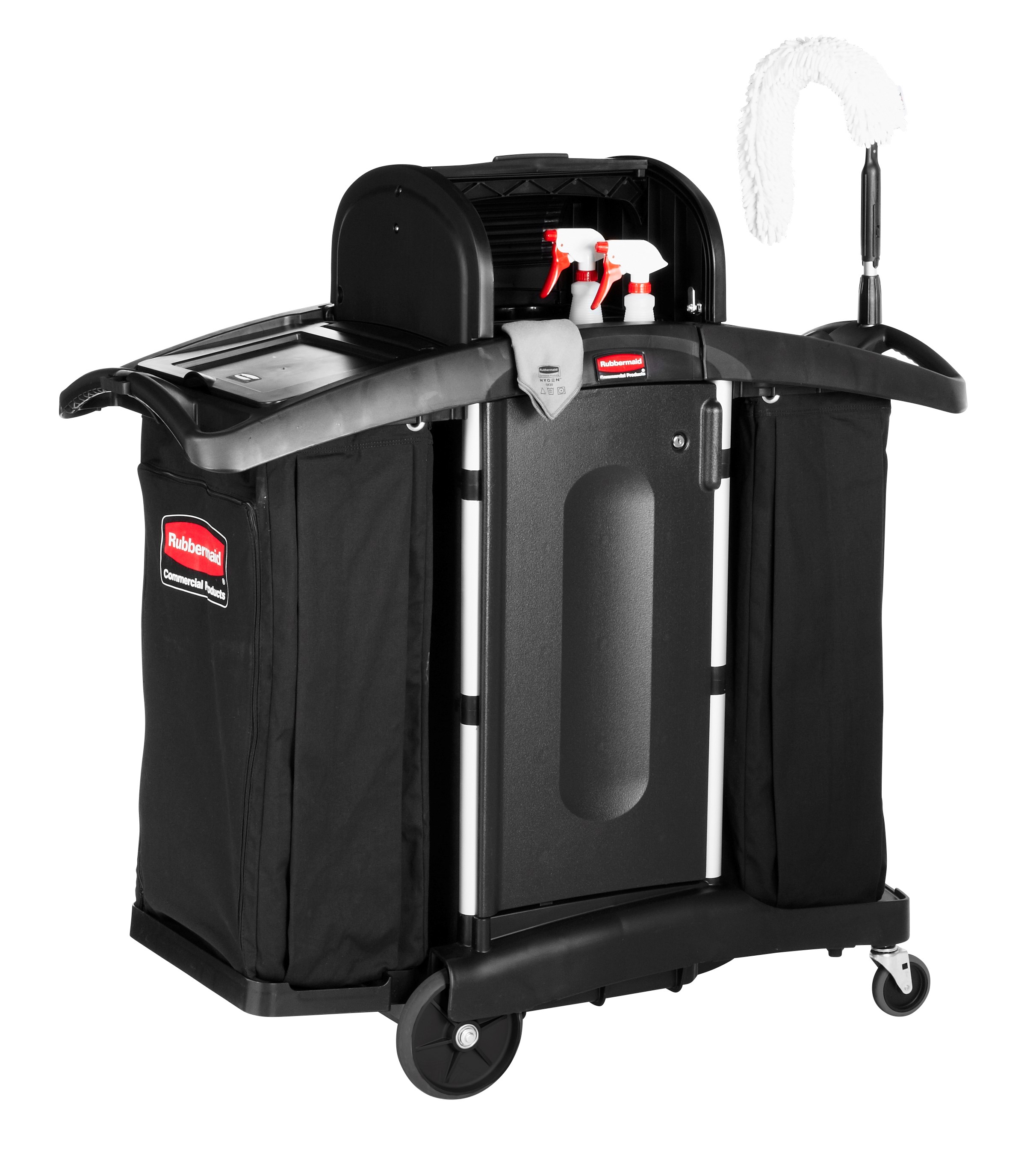 The Executive Compact Housekeeping Cart is a complete system solution for housekeeping. Adjustable storage options easily accommodate specific cleaning supply needs and provide flexibility.
