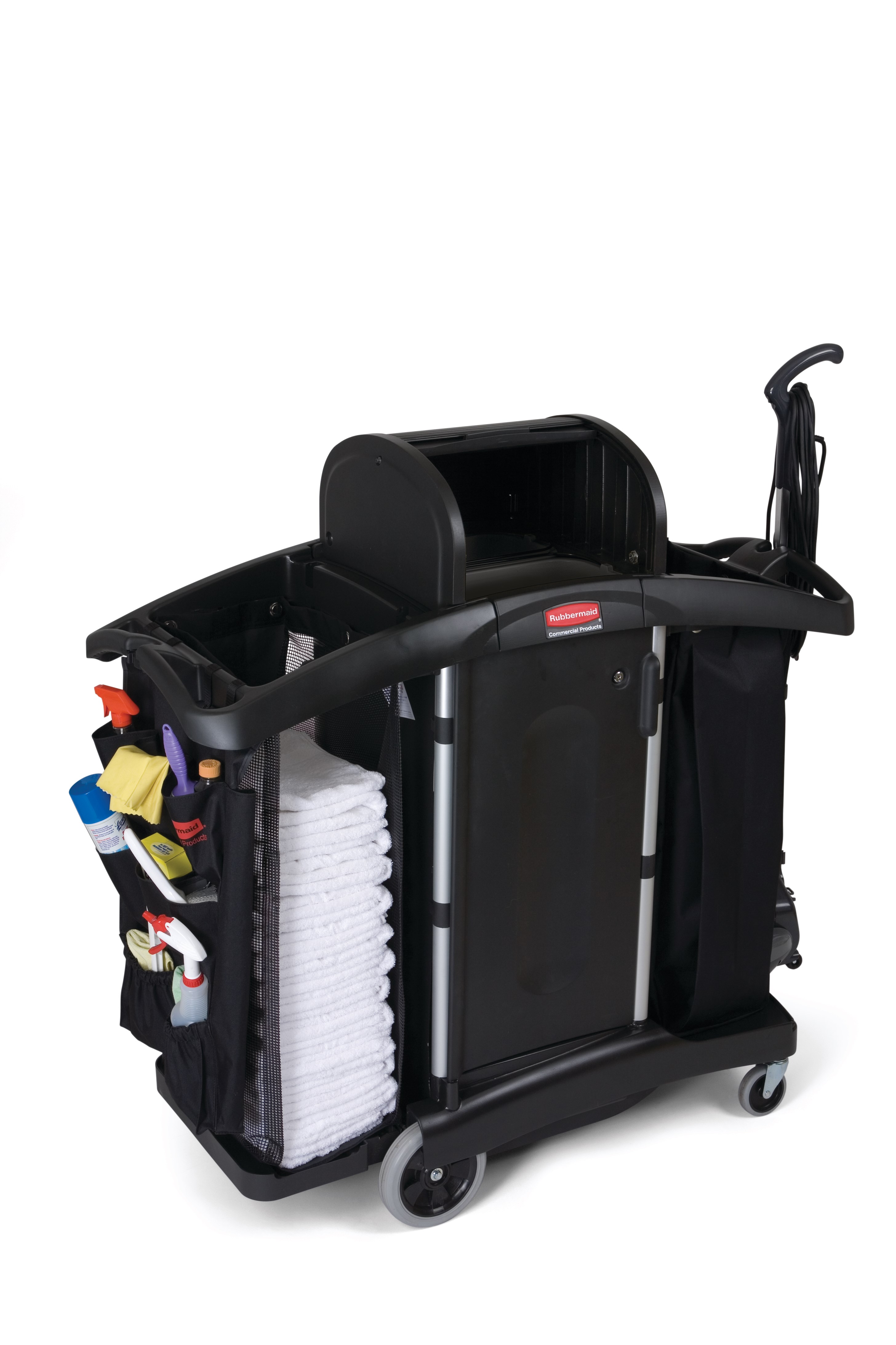 The Executive Compact Housekeeping Cart is a complete system solution for housekeeping. Adjustable storage options easily accommodate specific cleaning supply needs and provide flexibility.