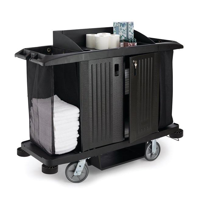 The Executive Full-Size Housekeeping Cart with Doors is a complete system solution for housekeeping with optional double bag collection and adjustable shelves.