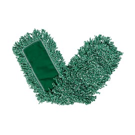 The Rubbermaid Commercial Products Microfiber Dust Mop has strings of green microfiber yarn sewn to a backing, and can be used with a mop head frame and handle (sold separately) to dust floors.