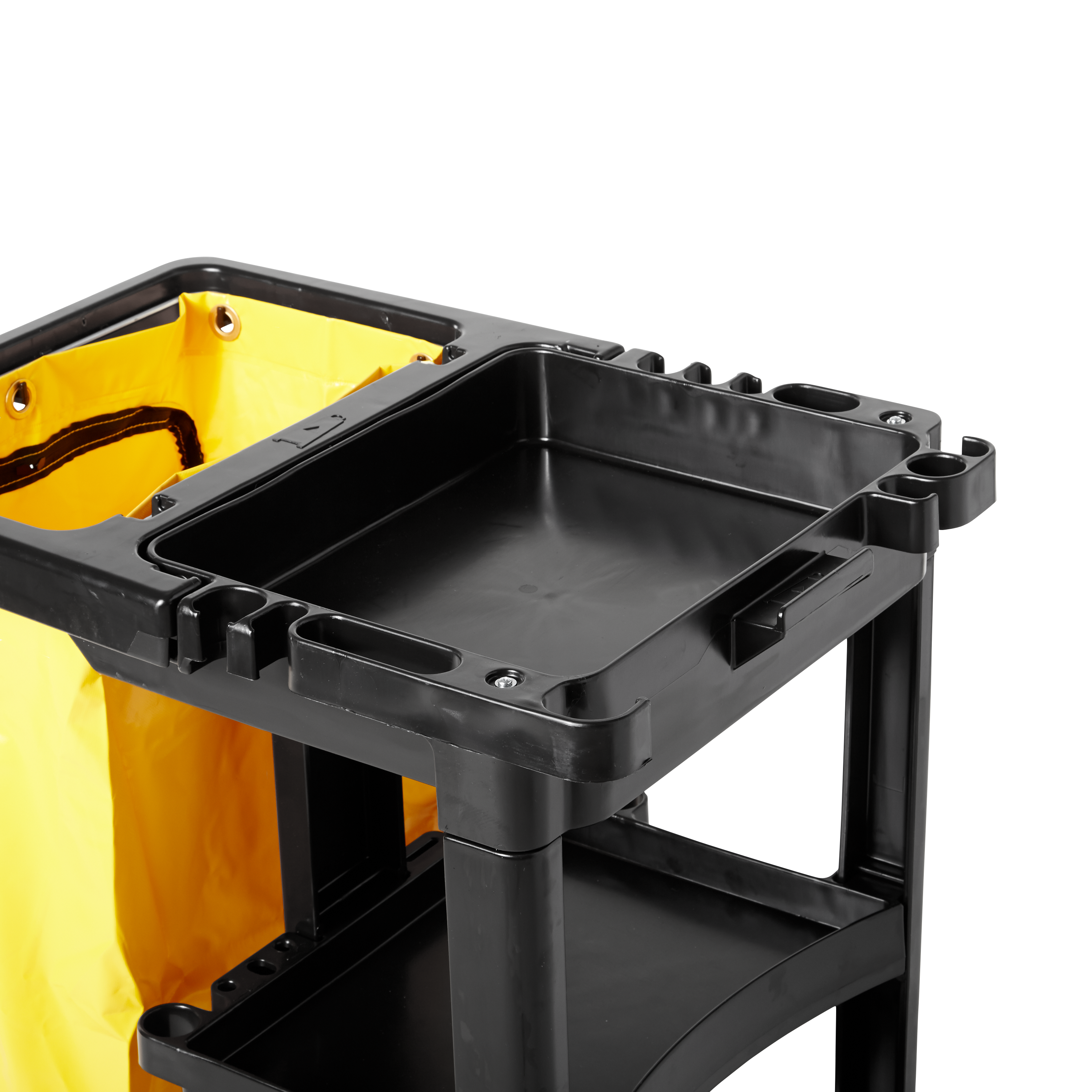 The Rubbermaid Commercial Traditional Janitorial Cleaning Cart with Zippered Yellow Bag collects waste and transports tools for efficient cleaning.
