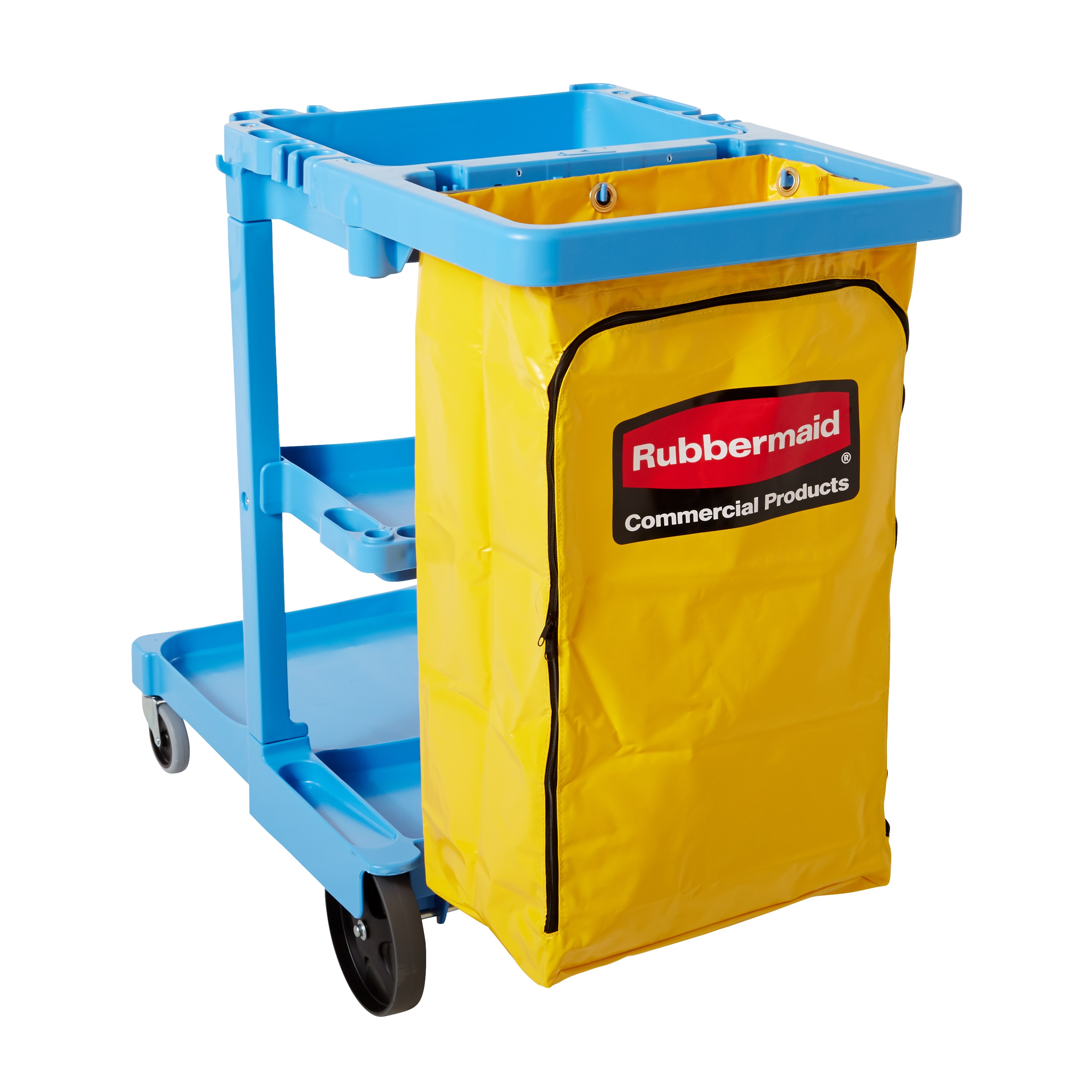 The Traditional Janitorial Cleaning Cart with zippered yellow vinyl bag collects waste and transports tools for efficient cleaning.