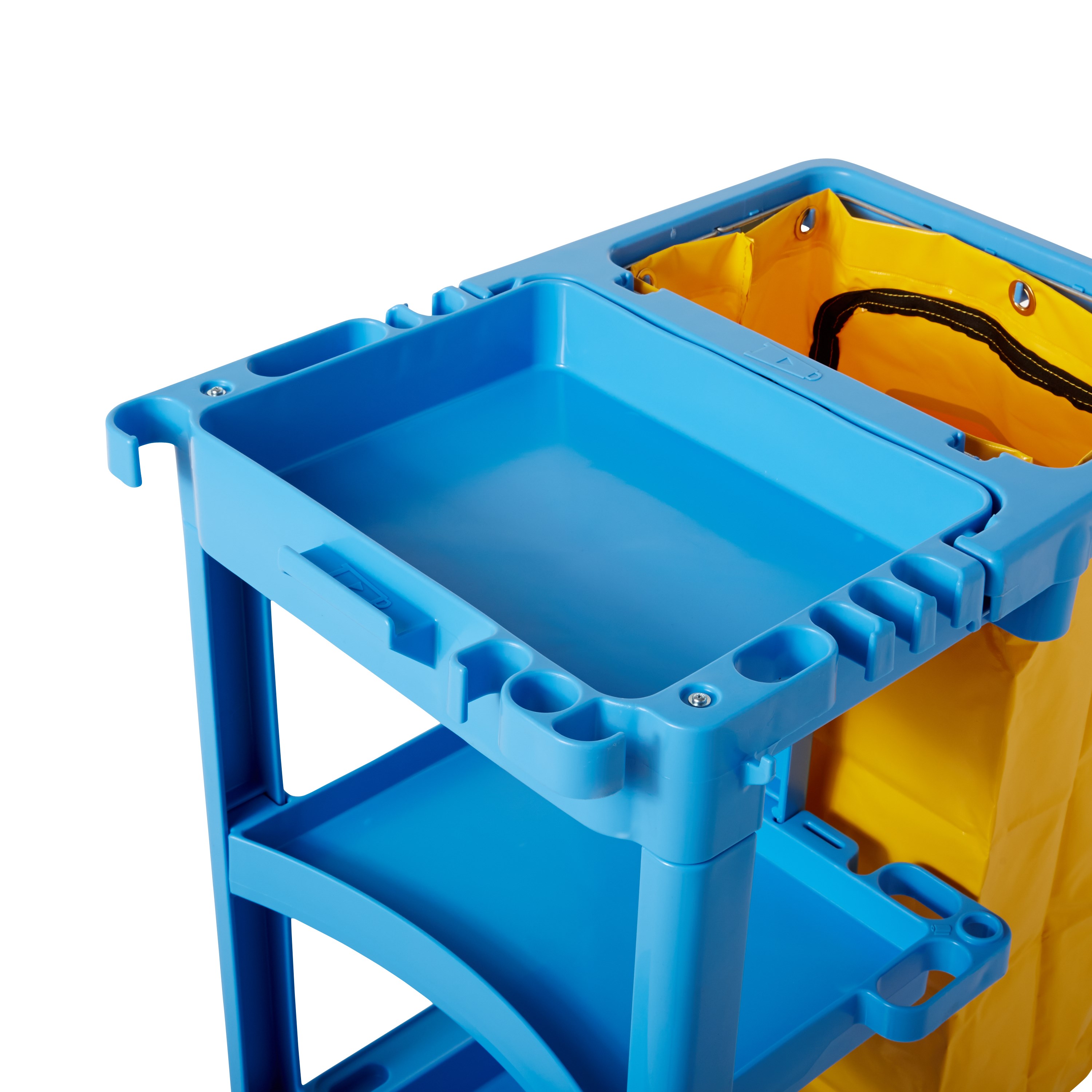 The Traditional Janitorial Cleaning Cart with zippered yellow vinyl bag collects waste and transports tools for efficient cleaning.