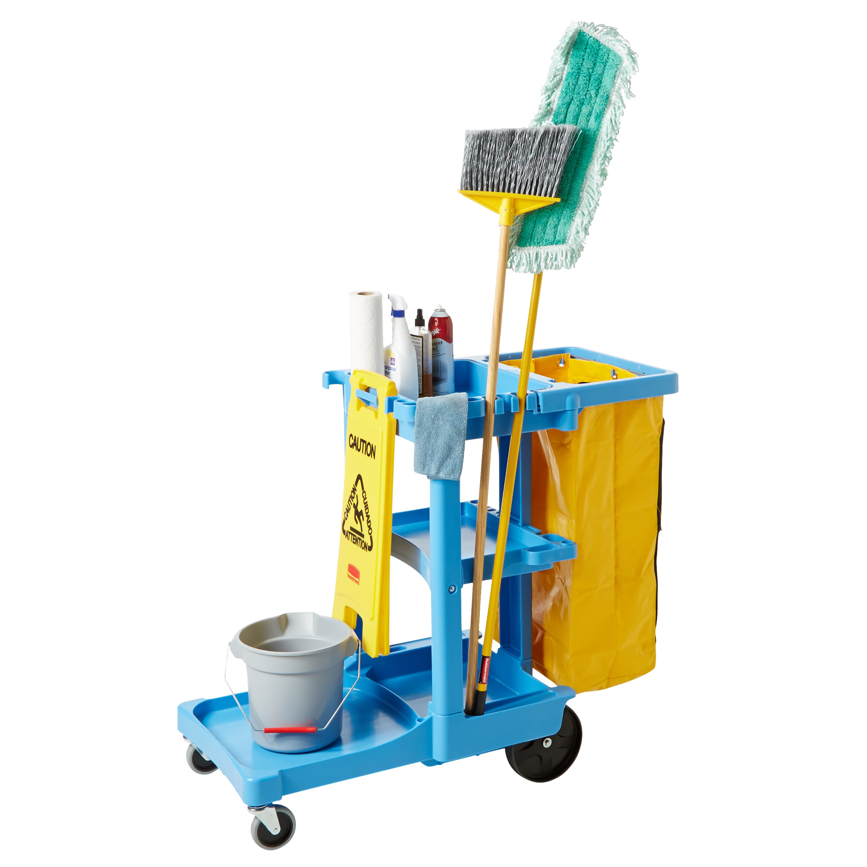 The Traditional Janitorial Cleaning Cart with zippered yellow vinyl bag collects waste and transports tools for efficient cleaning.