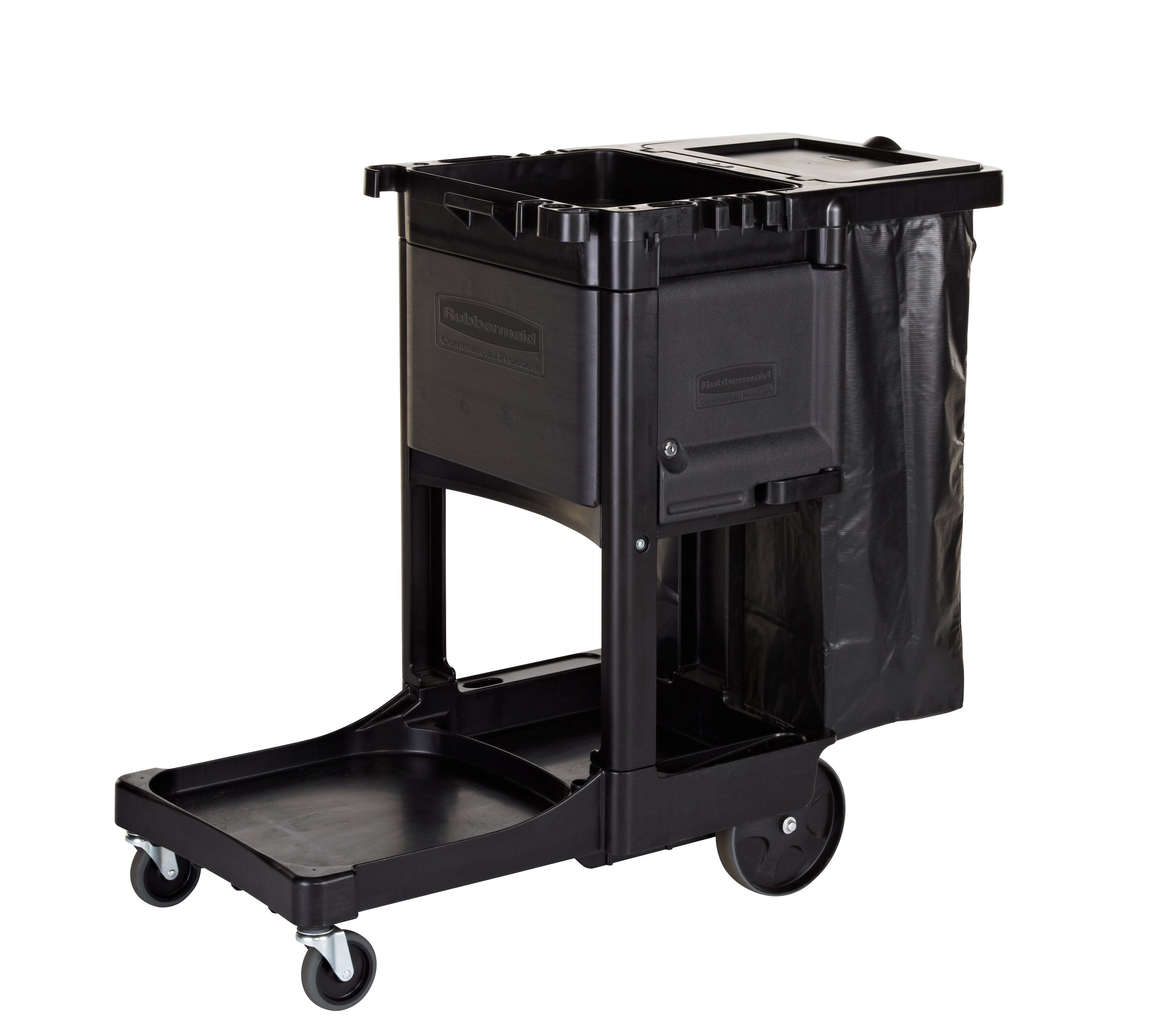 The Traditional Janitorial Cleaning Cart with zippered vinyl bag collects waste and transports tools for efficient cleaning.