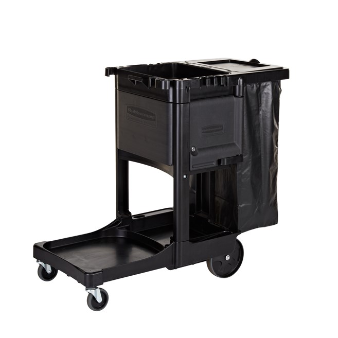 The Traditional Janitorial Cleaning Cart with zippered vinyl bag collects waste and transports tools for efficient cleaning.